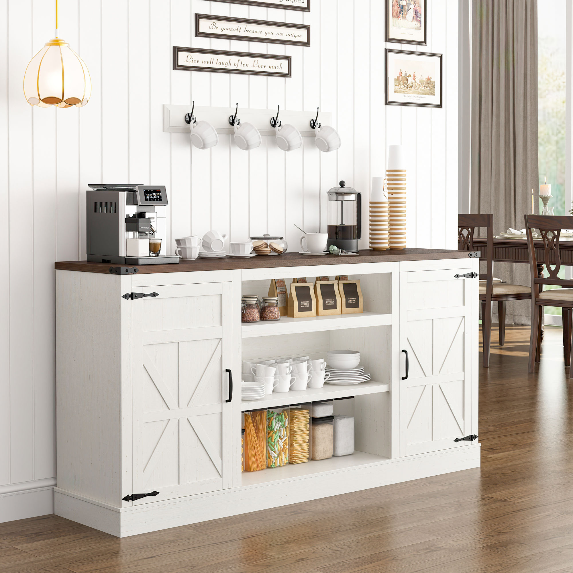 Chvans 66" Farmhouse TV Stand with Power Outlet /USB Charging Port for 70" 75" TVs