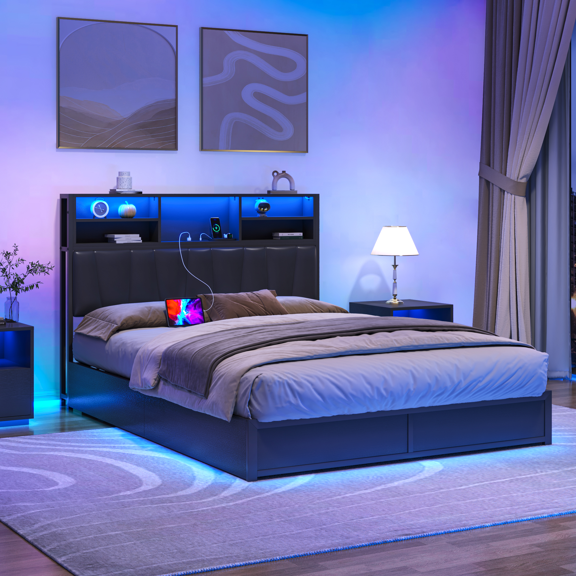 Queen LED Bed Frame with Lift Up Storage & Power Outlets