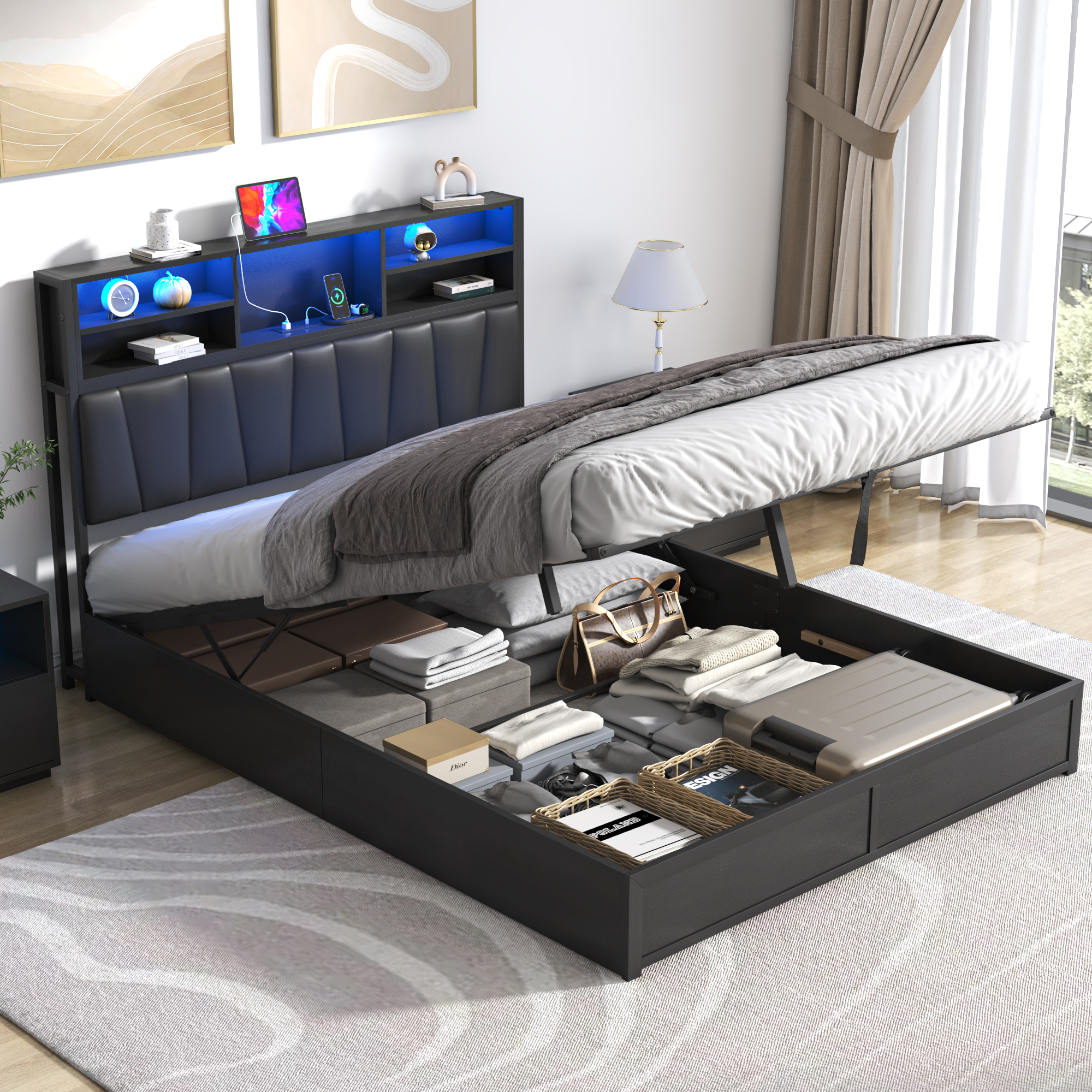 Queen LED Bed Frame with Lift Up Storage & Power Outlets