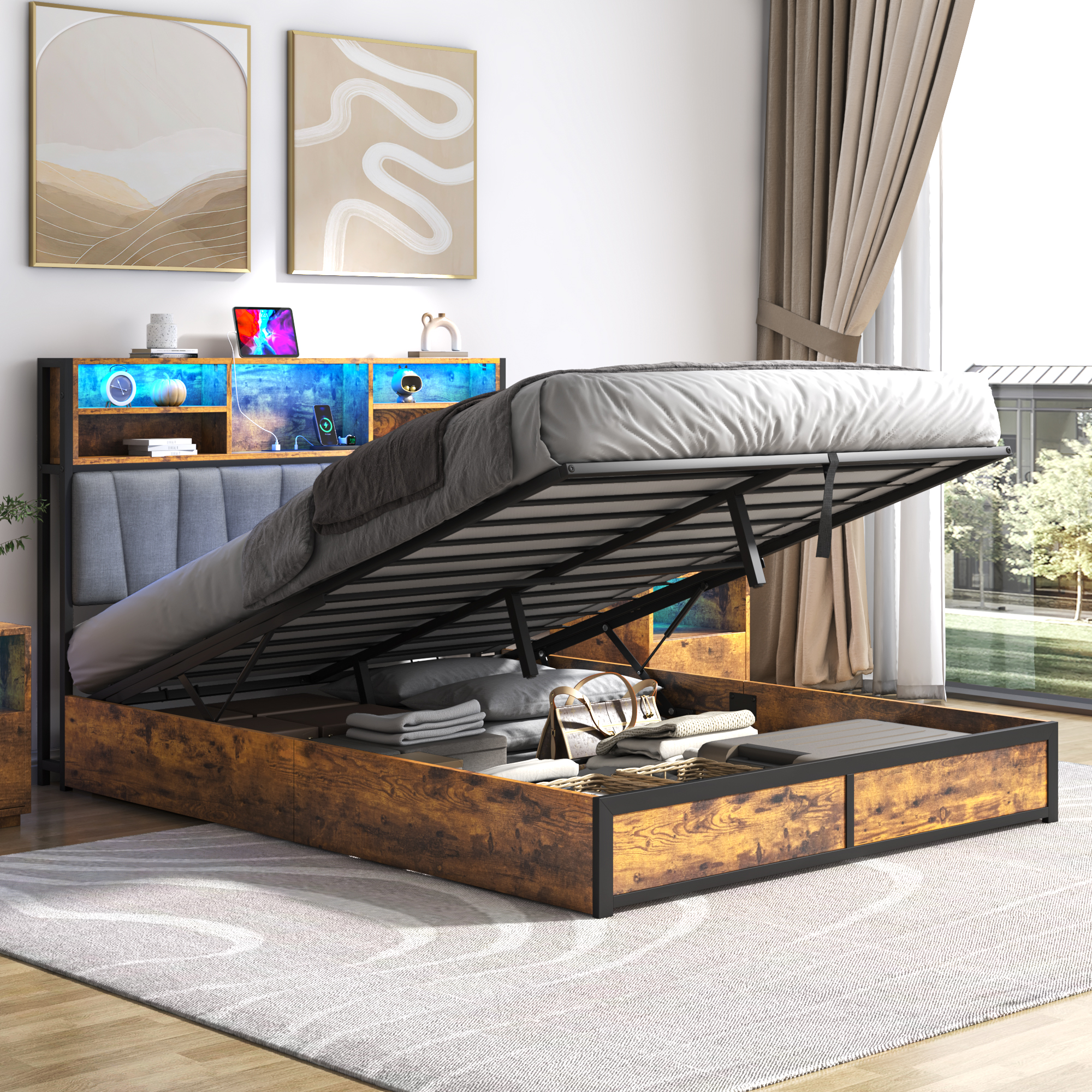 Queen LED Bed Frame with Lift Up Storage & Power Outlets