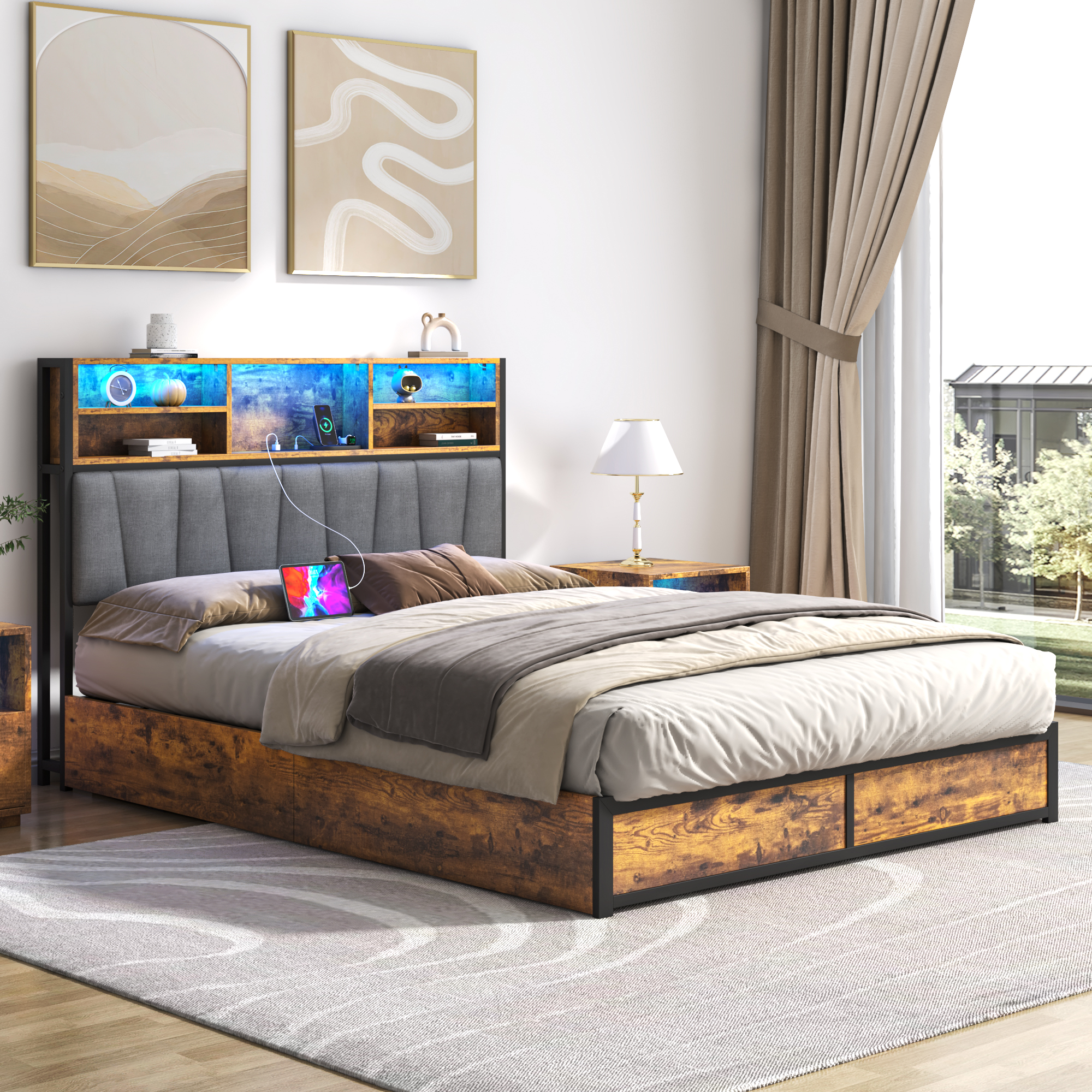 Queen LED Bed Frame with Lift Up Storage & Power Outlets
