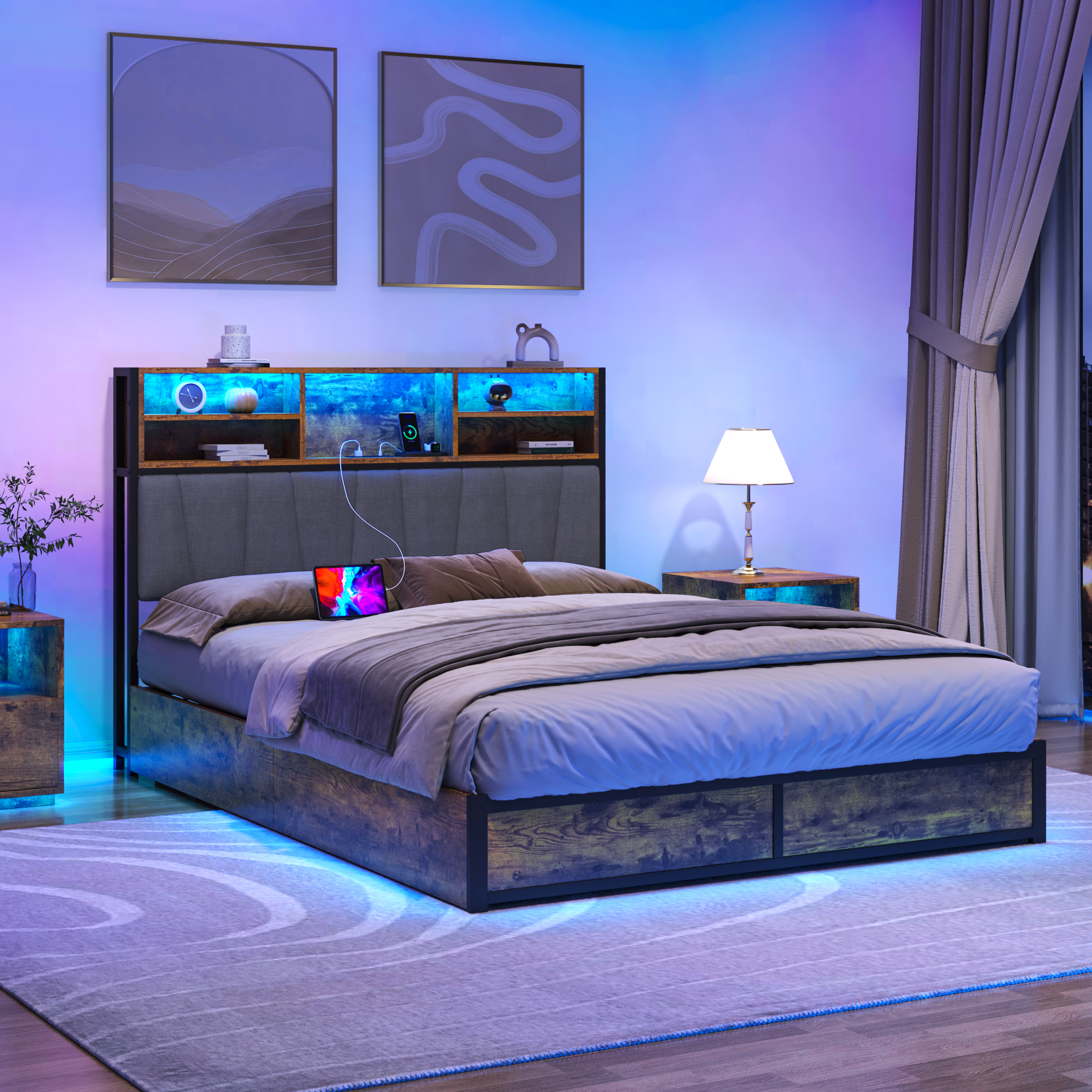 Queen LED Bed Frame with Lift Up Storage & Power Outlets