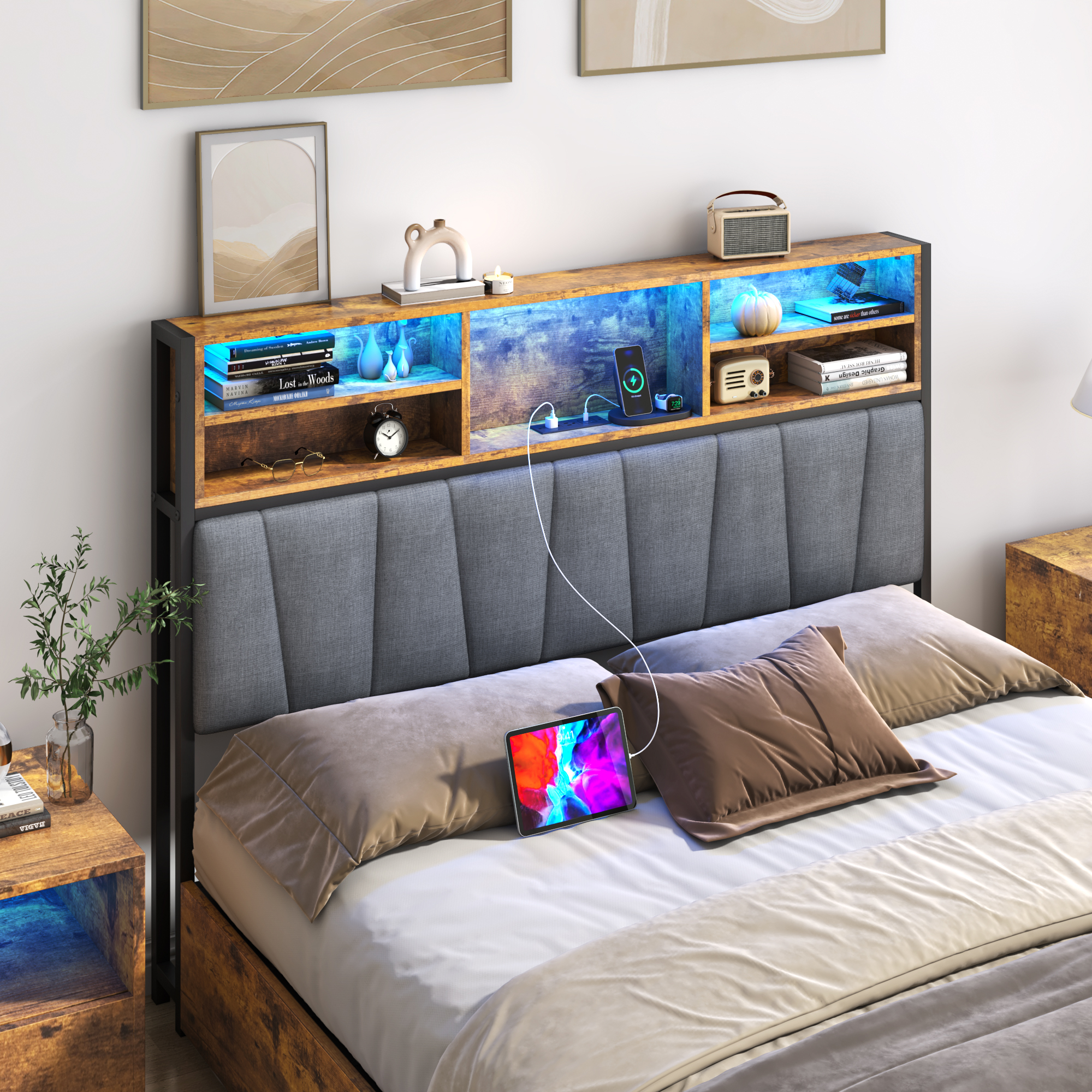 Queen LED Bed Frame with Lift Up Storage & Power Outlets