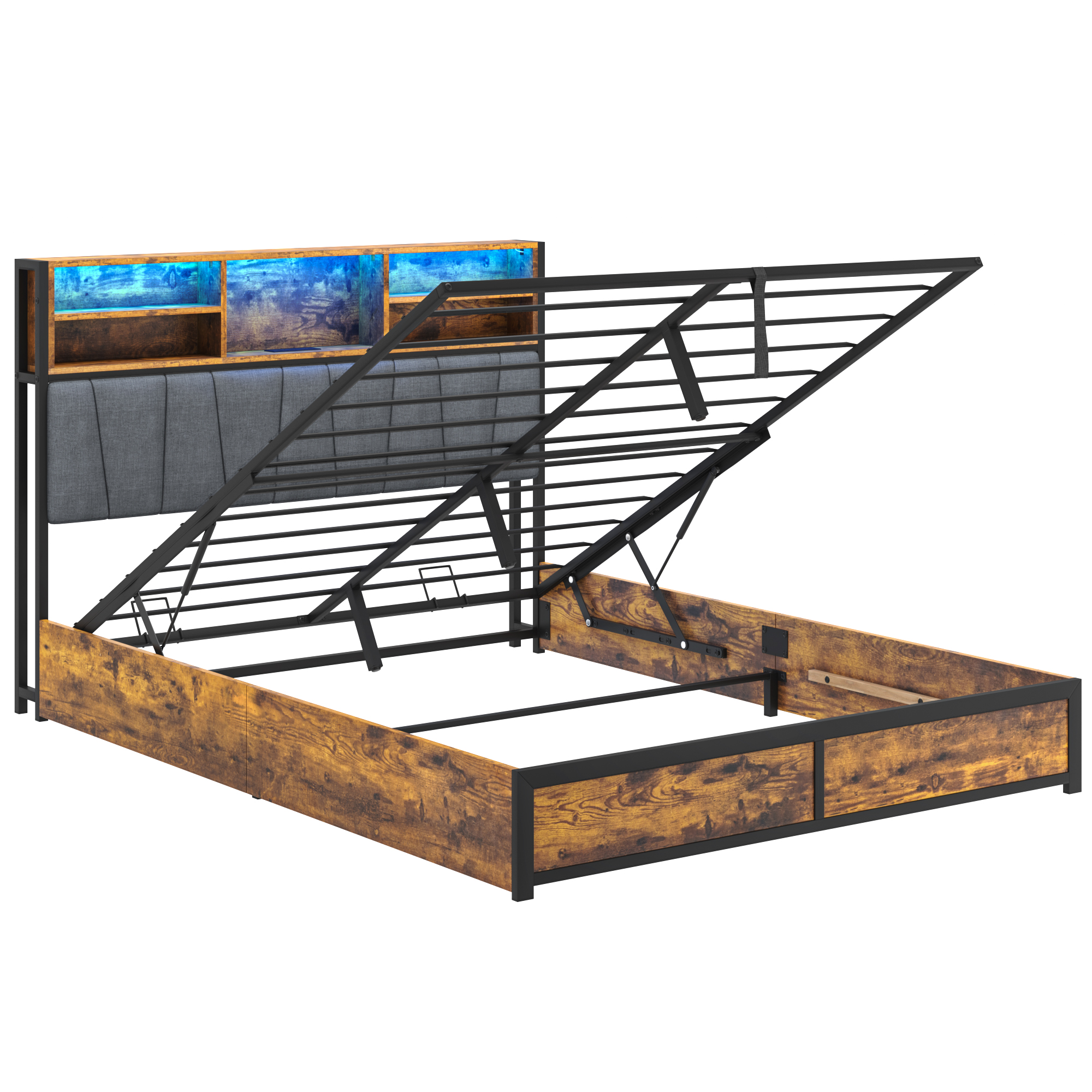 Queen LED Bed Frame with Lift Up Storage & Power Outlets