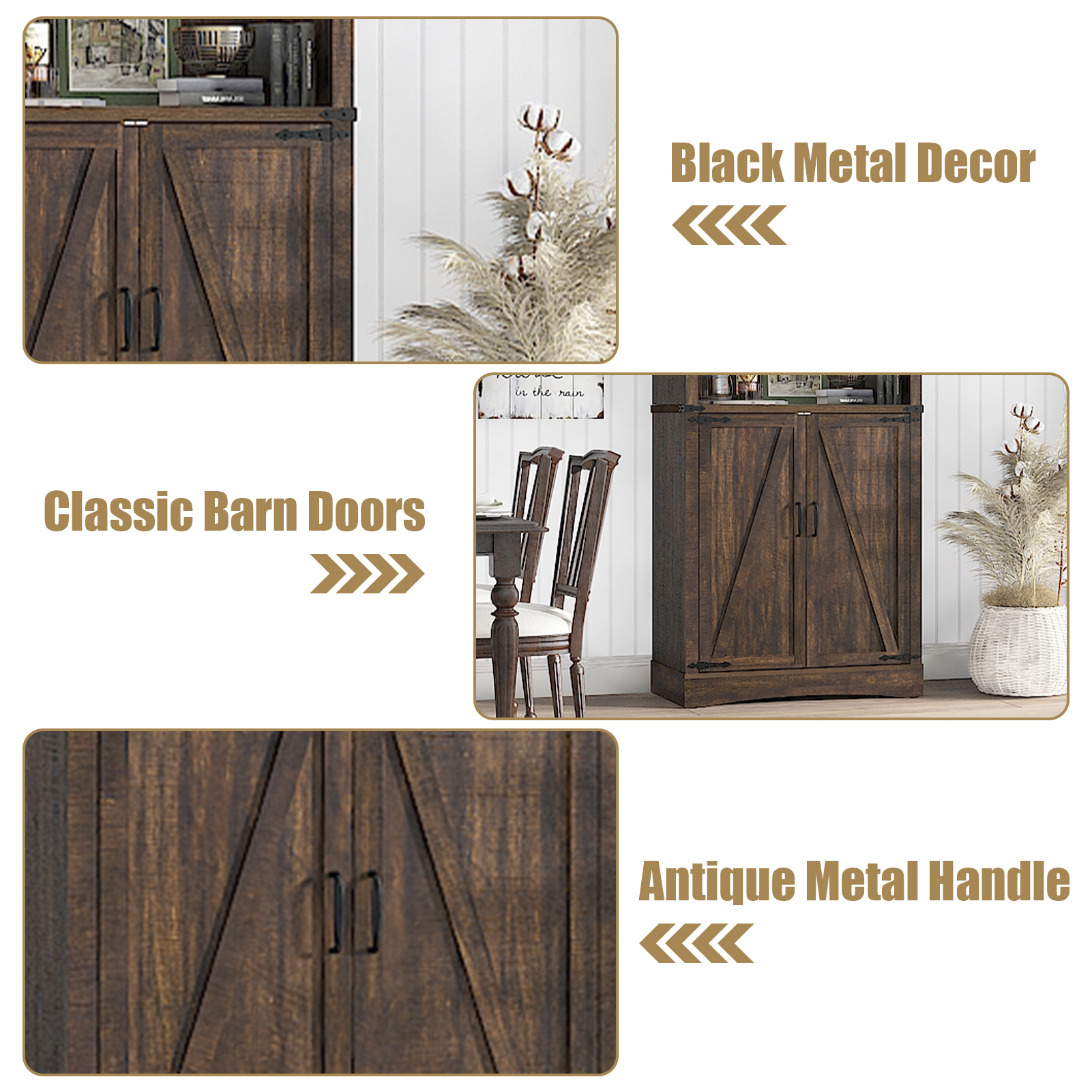 ChVans 71" Farmhouse 5 Shelf Bookcase with 2 Barn Doors,Tall Storage Cabinetwith Adjustable Shelves,Kitchen Pantry Storage Cabinet for Dining Room,Bathroom,Living Room,Rustic Brown