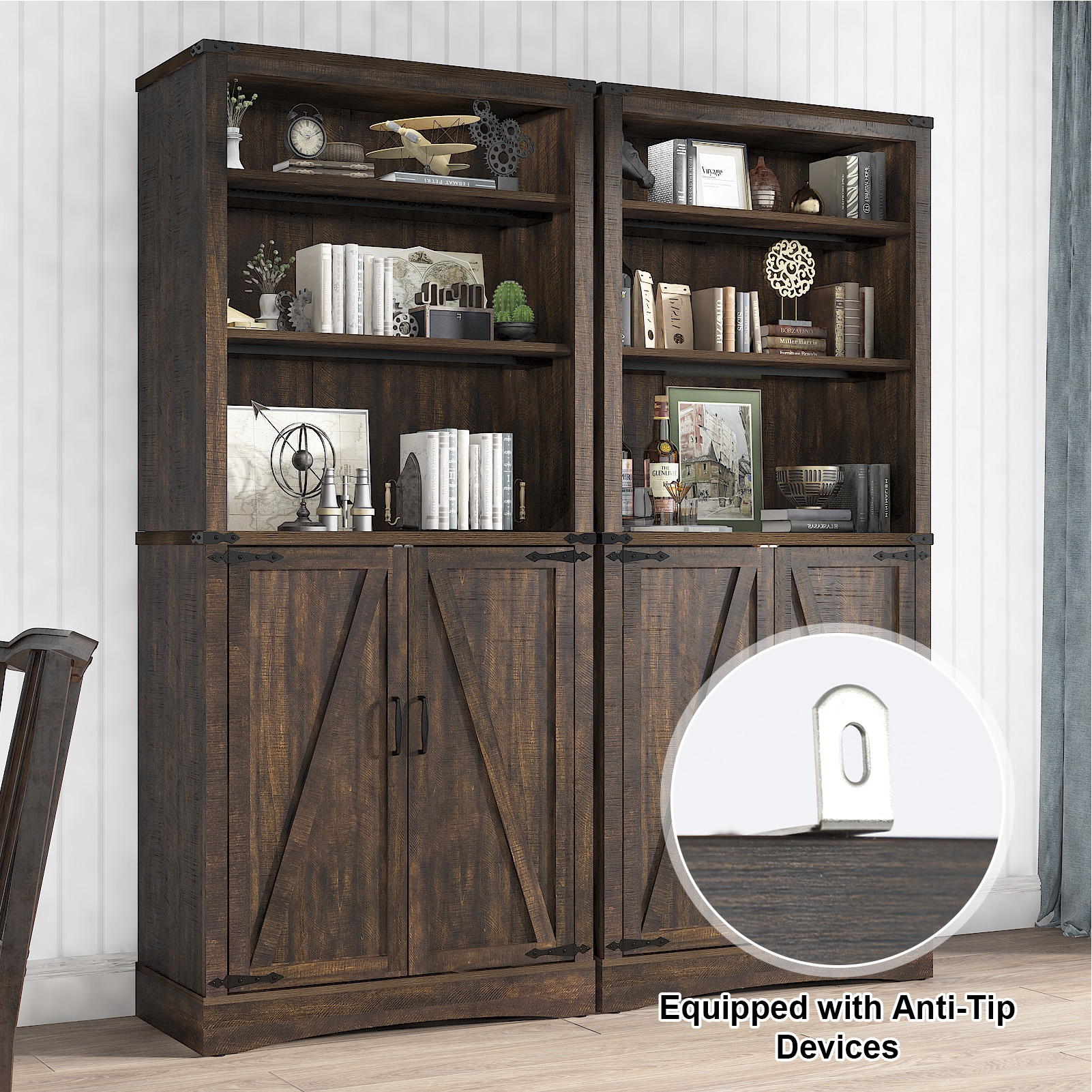 ChVans 71" Farmhouse 5 Shelf Bookcase with 2 Barn Doors,Tall Storage Cabinetwith Adjustable Shelves,Kitchen Pantry Storage Cabinet for Dining Room,Bathroom,Living Room,Rustic Brown