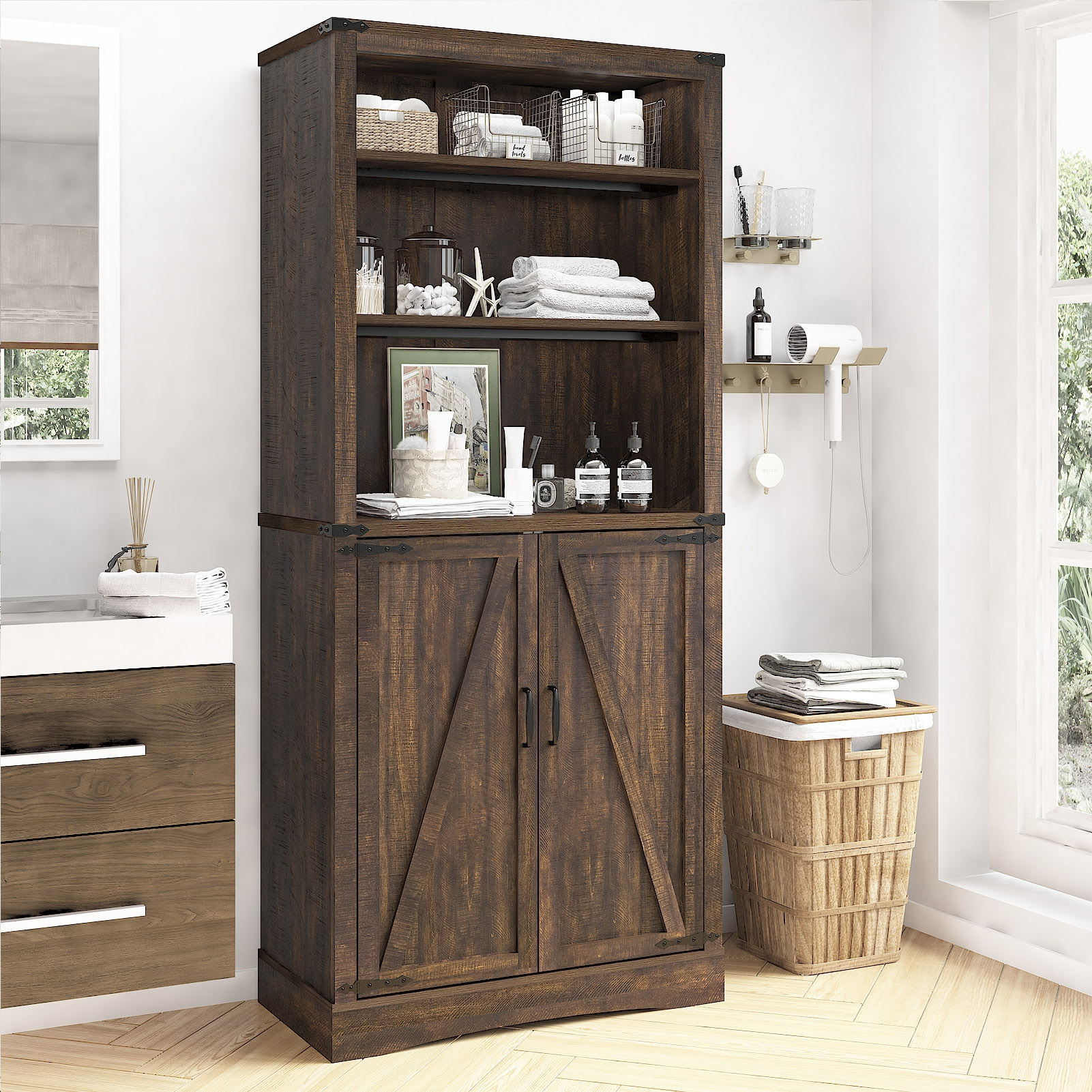 ChVans 71" Farmhouse 5 Shelf Bookcase with 2 Barn Doors,Tall Storage Cabinetwith Adjustable Shelves,Kitchen Pantry Storage Cabinet for Dining Room,Bathroom,Living Room,Rustic Brown