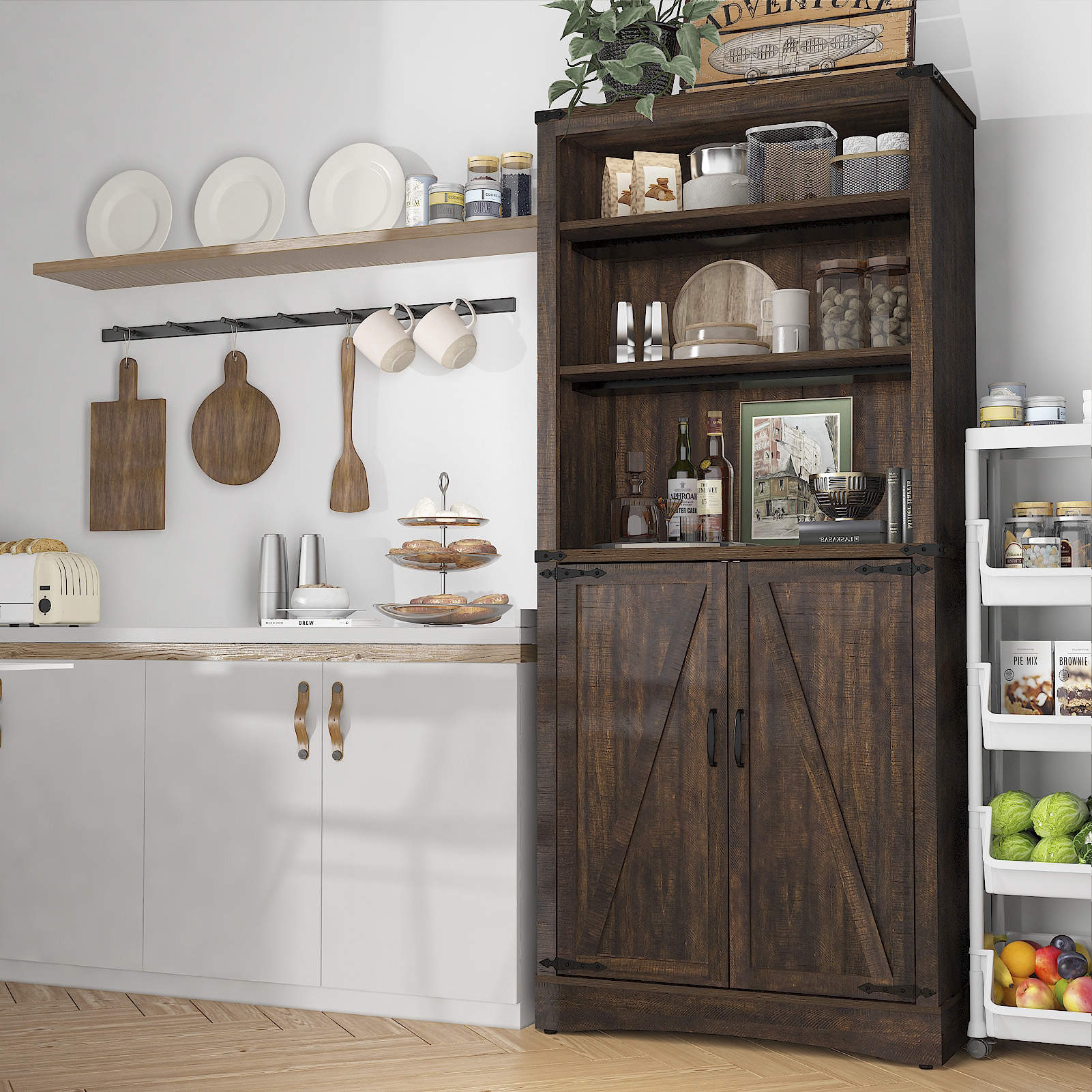 ChVans 71" Farmhouse 5 Shelf Bookcase with 2 Barn Doors,Tall Storage Cabinetwith Adjustable Shelves,Kitchen Pantry Storage Cabinet for Dining Room,Bathroom,Living Room,Rustic Brown