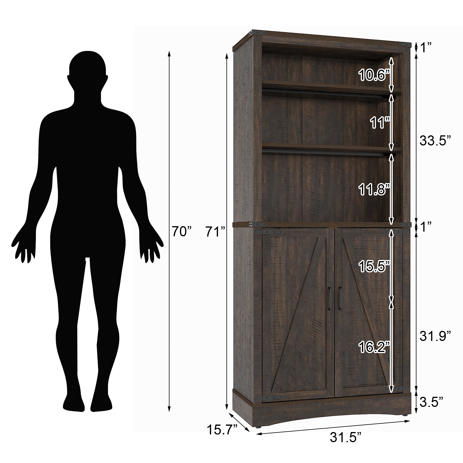 ChVans 71" Farmhouse 5 Shelf Bookcase with 2 Barn Doors,Tall Storage Cabinetwith Adjustable Shelves,Kitchen Pantry Storage Cabinet for Dining Room,Bathroom,Living Room,Rustic Brown