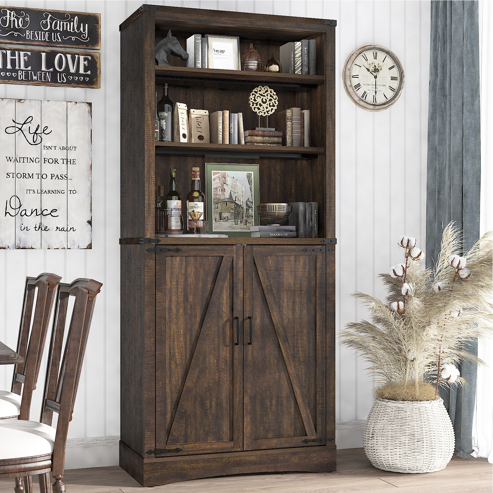 ChVans 71" Farmhouse 5 Shelf Bookcase with 2 Barn Doors,Tall Storage Cabinetwith Adjustable Shelves,Kitchen Pantry Storage Cabinet for Dining Room,Bathroom,Living Room,Rustic Brown