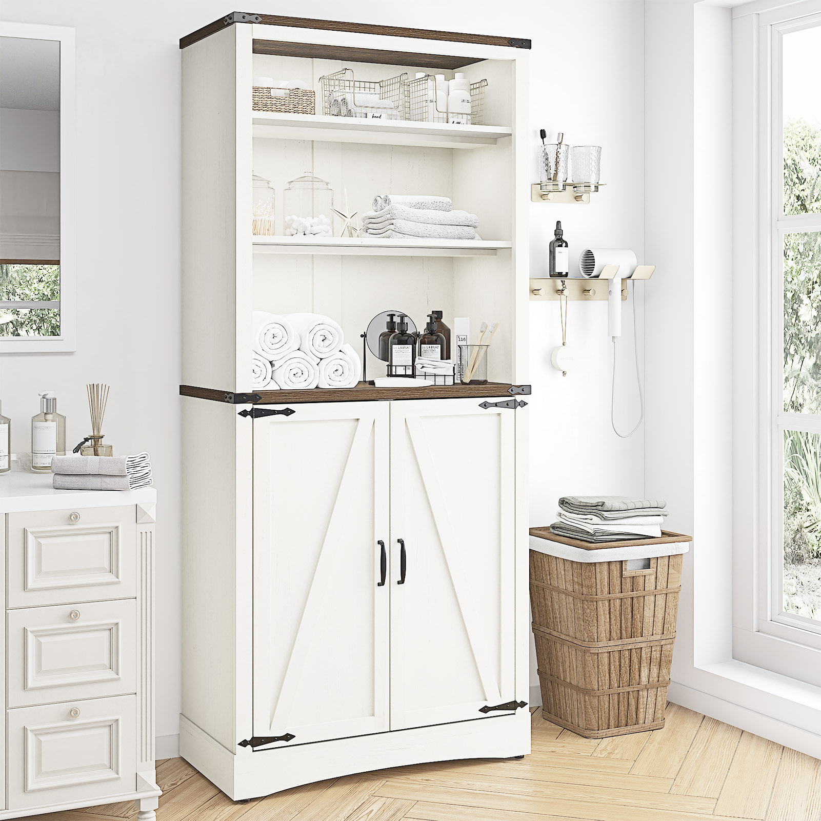 ChVans 71" Farmhouse 5 Shelf Bookcase with 2 Barn Doors,Tall Storage Cabinetwith Adjustable Shelves,Kitchen Pantry Storage Cabinet for Dining Room,Bathroom,Living Room,Rustic Brown