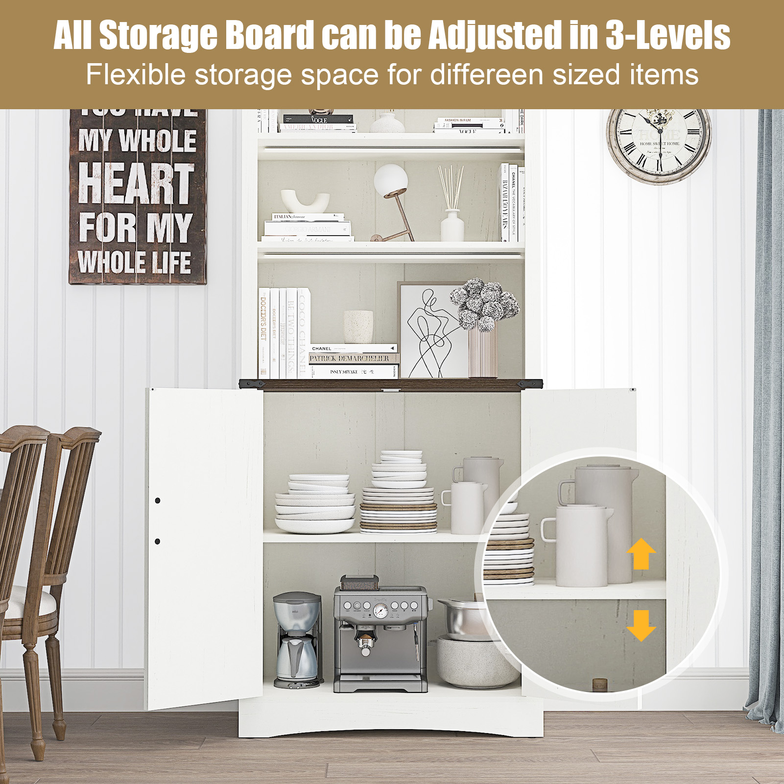 ChVans 71" Farmhouse 5 Shelf Bookcase with 2 Barn Doors,Tall Storage Cabinetwith Adjustable Shelves,Kitchen Pantry Storage Cabinet for Dining Room,Bathroom,Living Room,Rustic Brown