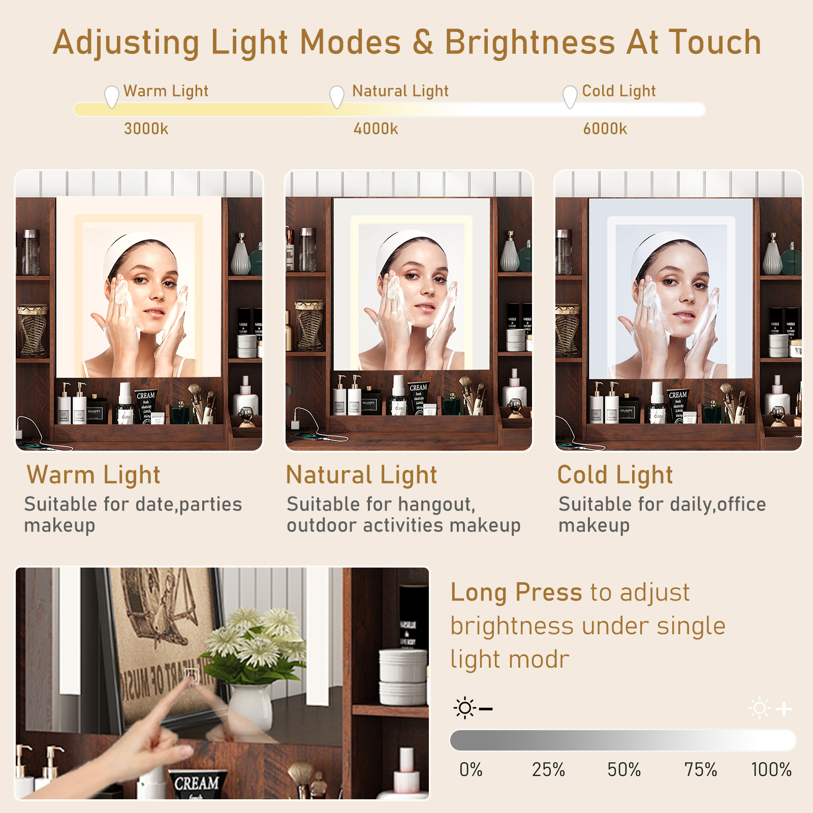 ChVans Farmhouse Vanity Desk with LED Lighted Mirror & Charging Station, 43.2" Large Makeup Vanity with Storage Drawers & Stool, Makeup Vanity Table for Girls Bedroom