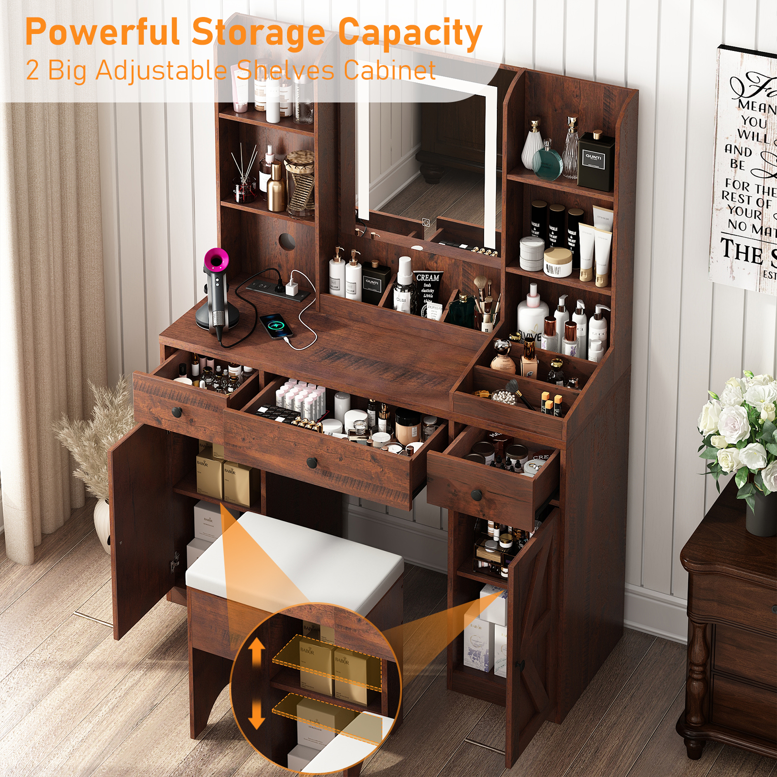 ChVans Farmhouse Vanity Desk with LED Lighted Mirror & Charging Station, 43.2" Large Makeup Vanity with Storage Drawers & Stool, Makeup Vanity Table for Girls Bedroom