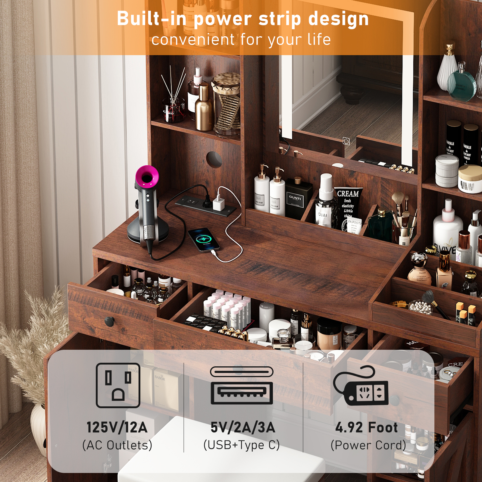 ChVans Farmhouse Vanity Desk with LED Lighted Mirror & Charging Station, 43.2" Large Makeup Vanity with Storage Drawers & Stool, Makeup Vanity Table for Girls Bedroom