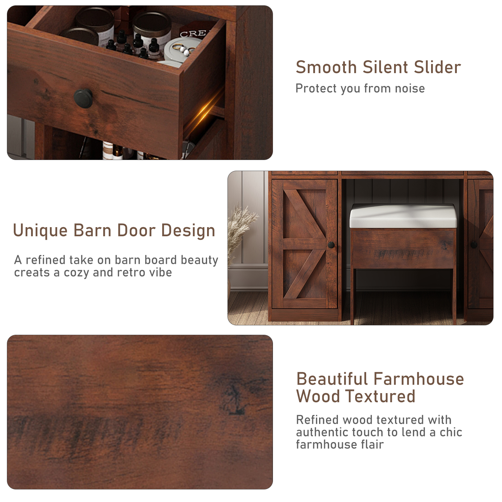 ChVans Farmhouse Vanity Desk with LED Lighted Mirror & Charging Station, 43.2" Large Makeup Vanity with Storage Drawers & Stool, Makeup Vanity Table for Girls Bedroom