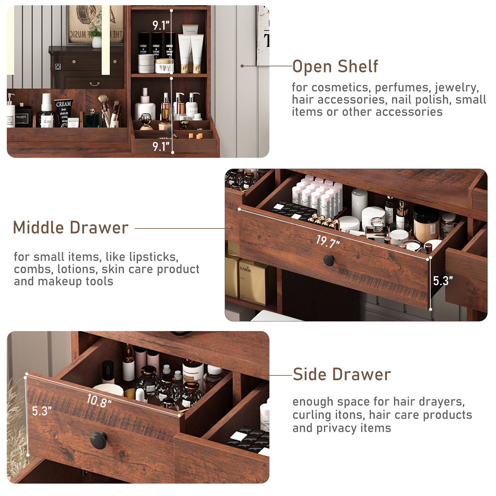 ChVans Farmhouse Vanity Desk with LED Lighted Mirror & Charging Station, 43.2" Large Makeup Vanity with Storage Drawers & Stool, Makeup Vanity Table for Girls Bedroom