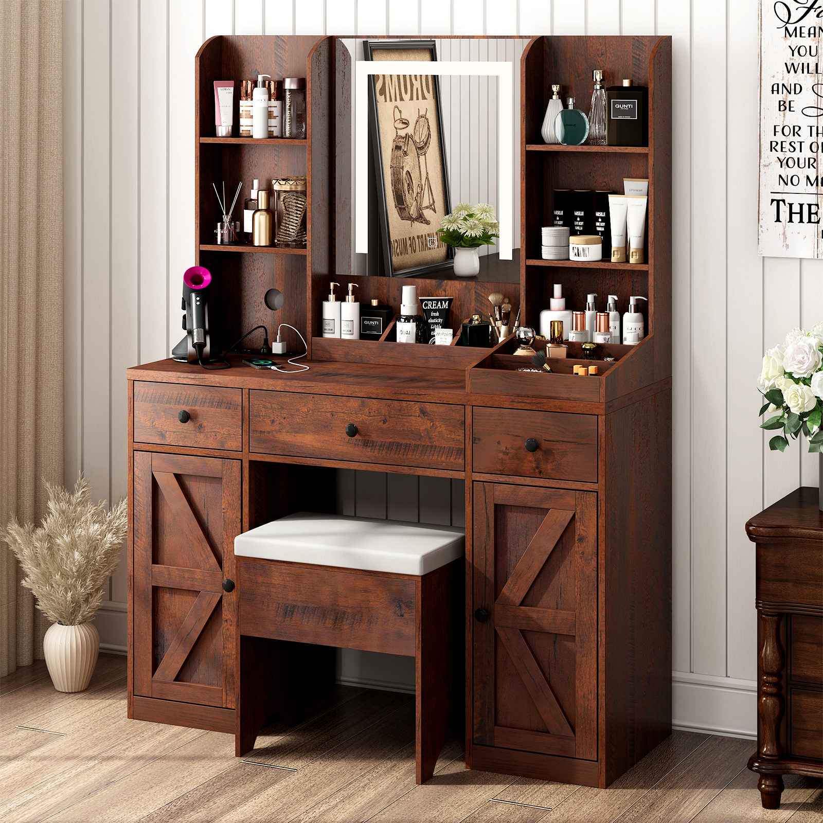 ChVans Farmhouse Vanity Desk with LED Lighted Mirror & Charging Station, 43.2" Large Makeup Vanity with Storage Drawers & Stool, Makeup Vanity Table for Girls Bedroom