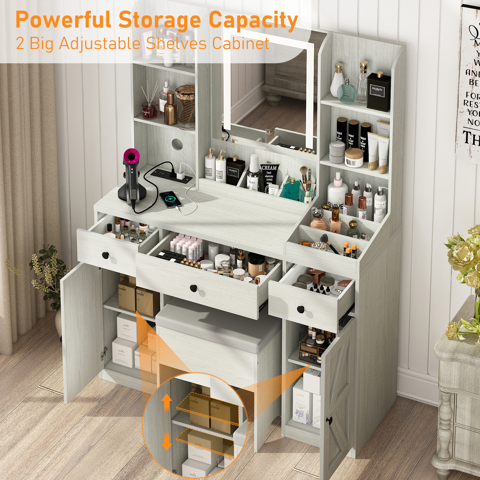 ChVans Farmhouse Vanity Desk with LED Lighted Mirror & Charging Station, 43.2" Large Makeup Vanity with Storage Drawers & Stool, Makeup Vanity Table for Girls Bedroom