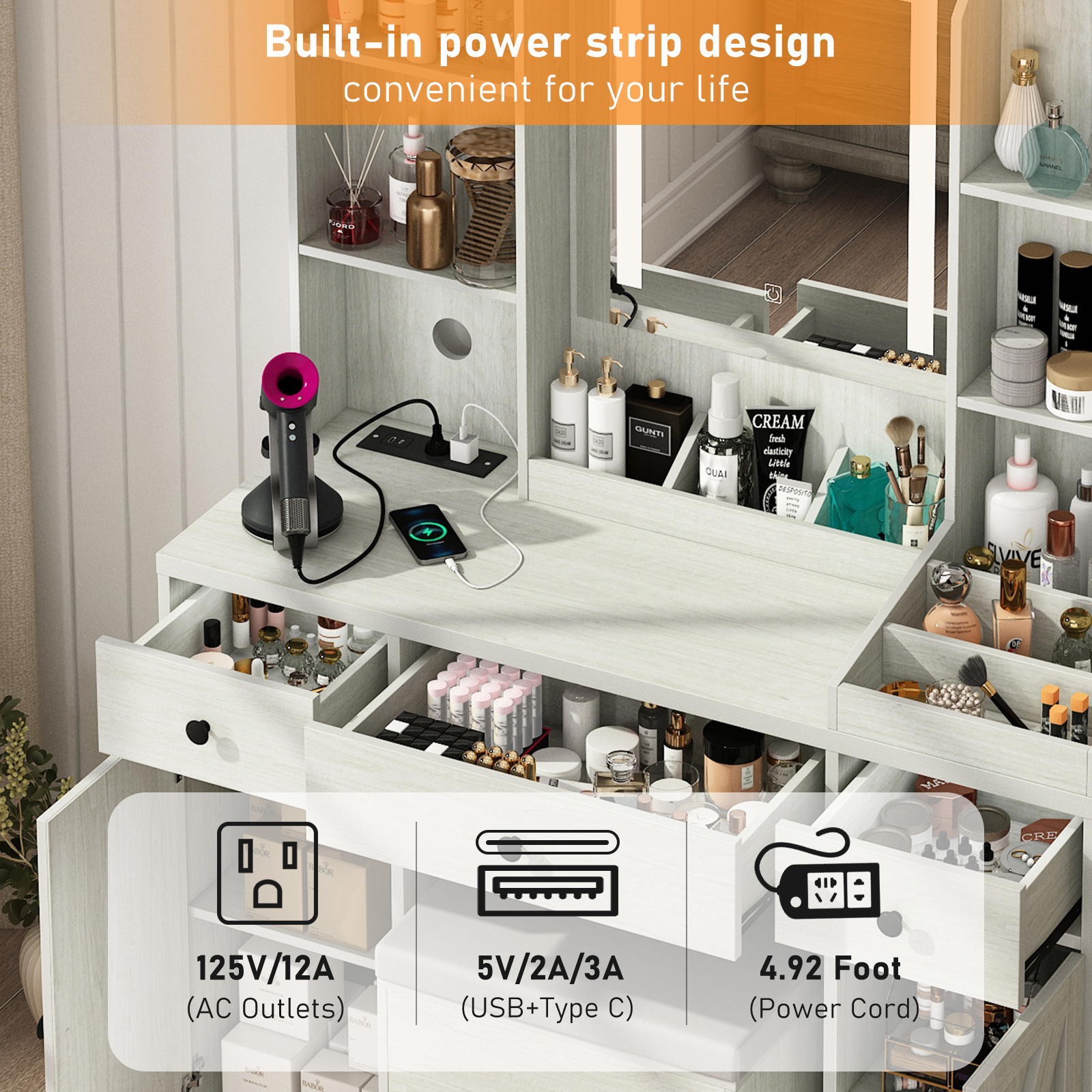 ChVans Farmhouse Vanity Desk with LED Lighted Mirror & Charging Station, 43.2" Large Makeup Vanity with Storage Drawers & Stool, Makeup Vanity Table for Girls Bedroom