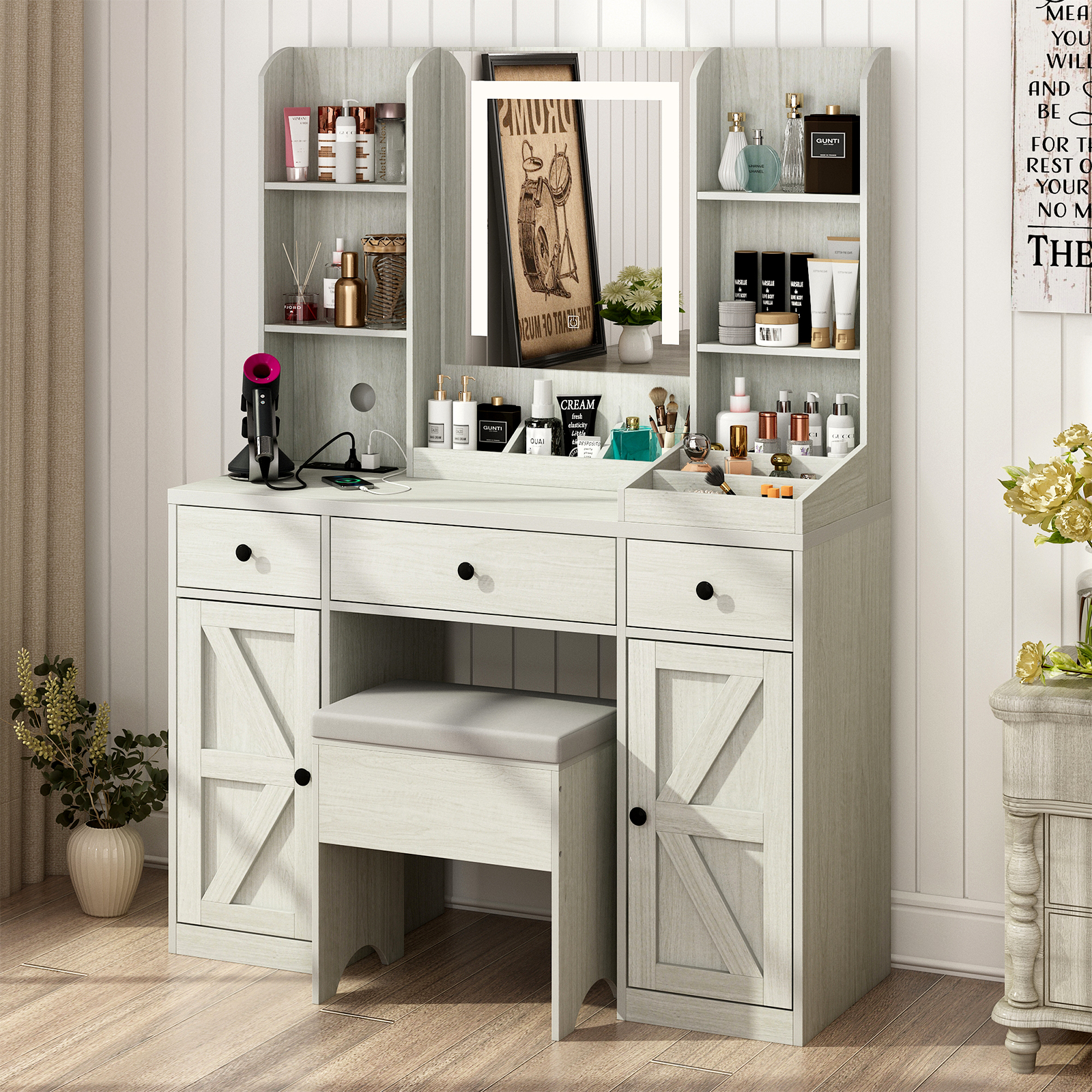 ChVans Farmhouse Vanity Desk with LED Lighted Mirror & Charging Station, 43.2" Large Makeup Vanity with Storage Drawers & Stool, Makeup Vanity Table for Girls Bedroom