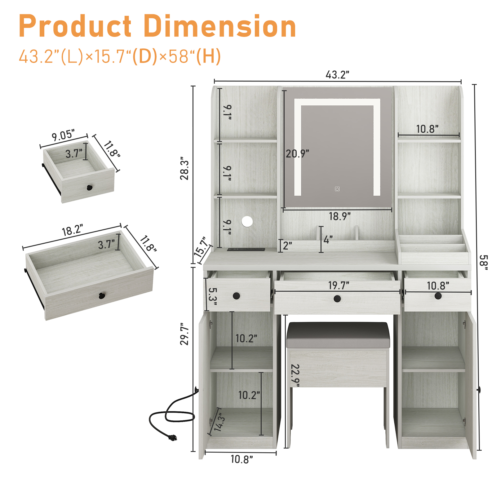 ChVans Farmhouse Vanity Desk with LED Lighted Mirror & Charging Station, 43.2" Large Makeup Vanity with Storage Drawers & Stool, Makeup Vanity Table for Girls Bedroom
