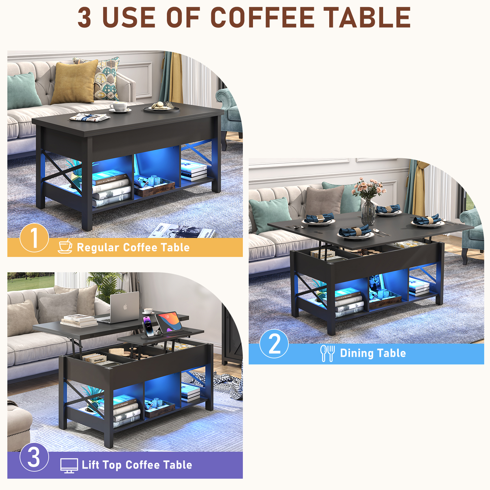 ChVans LED 41.7" Lift Top Coffee Table with Storage/Charging Station, 4-in-1 Multi-Function Large Convertible Living Room Tables, Farmhouse Dining Table with Hidden Compartment, Tan