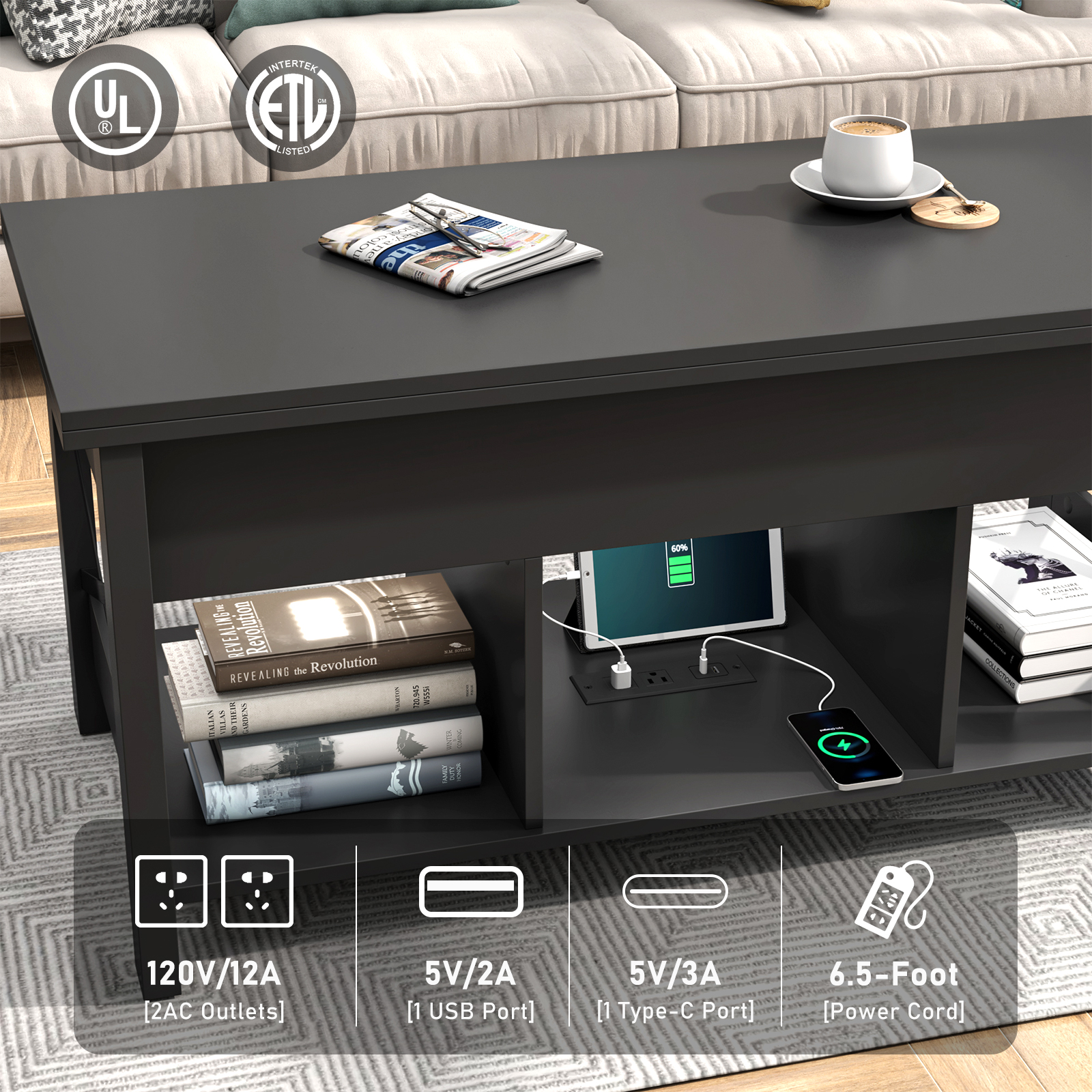 ChVans LED 41.7" Lift Top Coffee Table with Storage/Charging Station, 4-in-1 Multi-Function Large Convertible Living Room Tables, Farmhouse Dining Table with Hidden Compartment, Tan