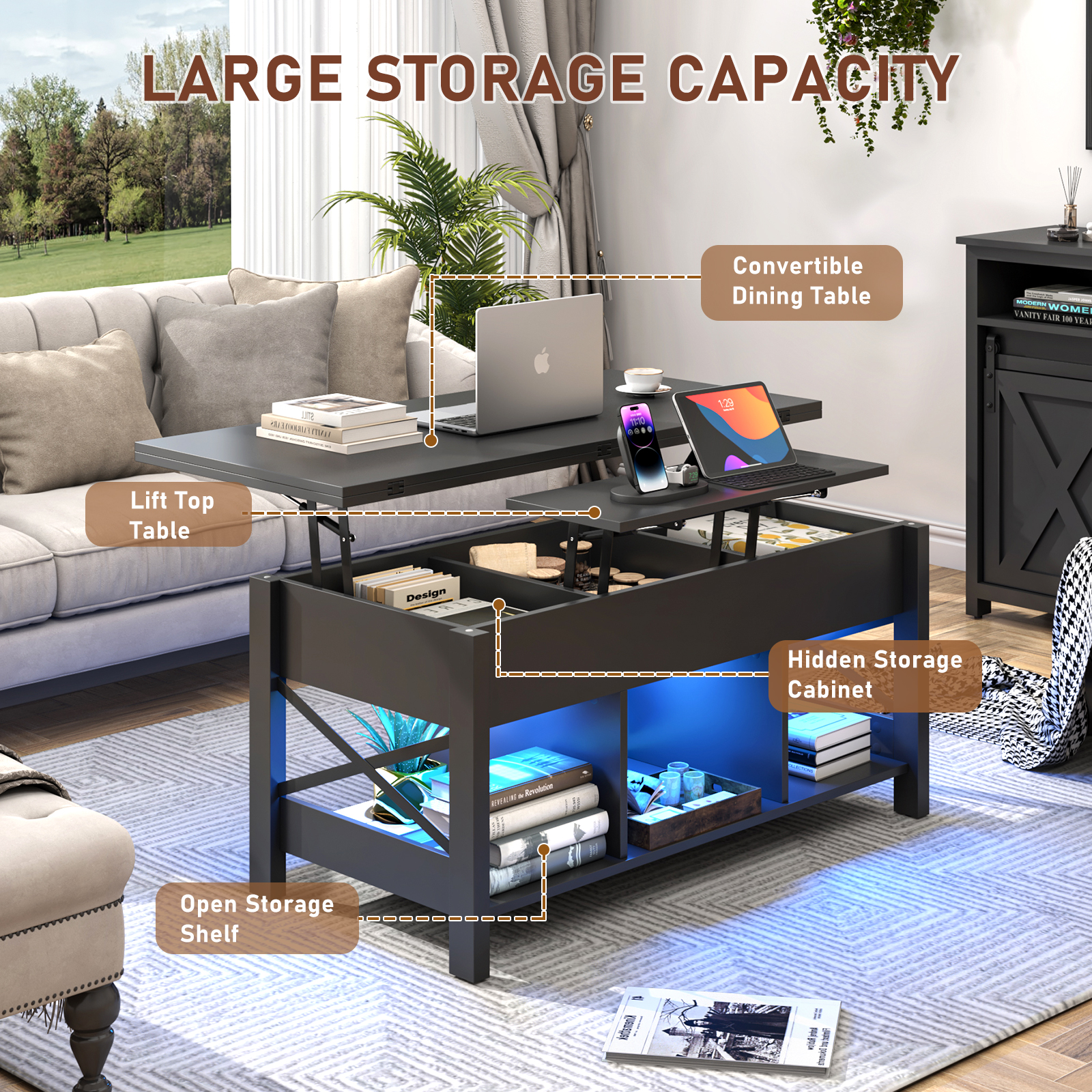 ChVans LED 41.7" Lift Top Coffee Table with Storage/Charging Station, 4-in-1 Multi-Function Large Convertible Living Room Tables, Farmhouse Dining Table with Hidden Compartment, Tan