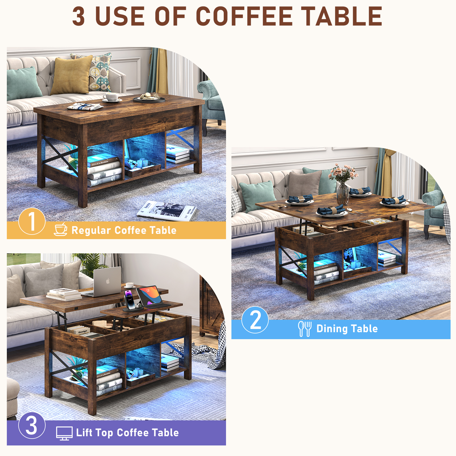 ChVans LED 41.7" Lift Top Coffee Table with Storage/Charging Station, 4-in-1 Multi-Function Large Convertible Living Room Tables, Farmhouse Dining Table with Hidden Compartment, Tan