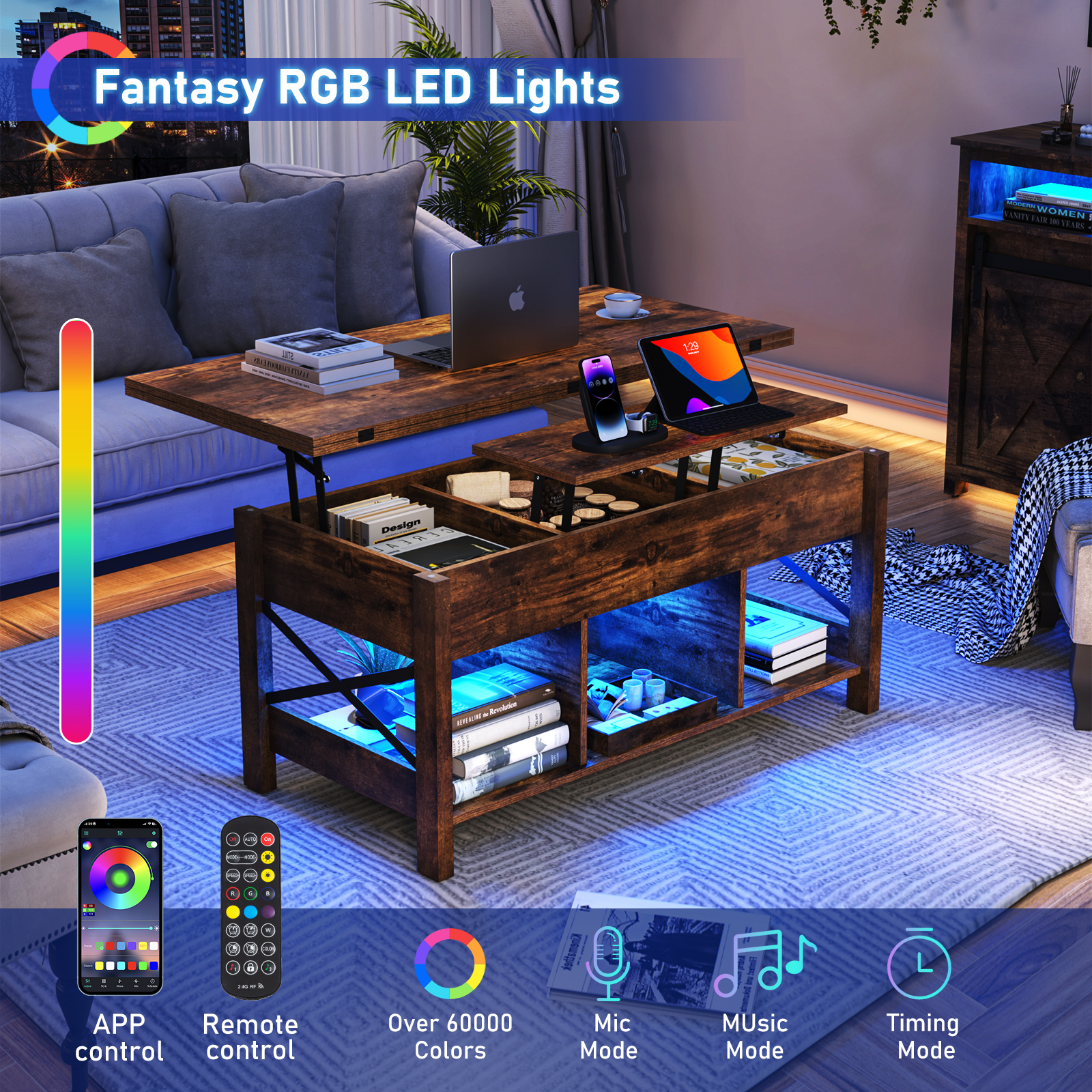 ChVans LED 41.7" Lift Top Coffee Table with Storage/Charging Station, 4-in-1 Multi-Function Large Convertible Living Room Tables, Farmhouse Dining Table with Hidden Compartment, Tan