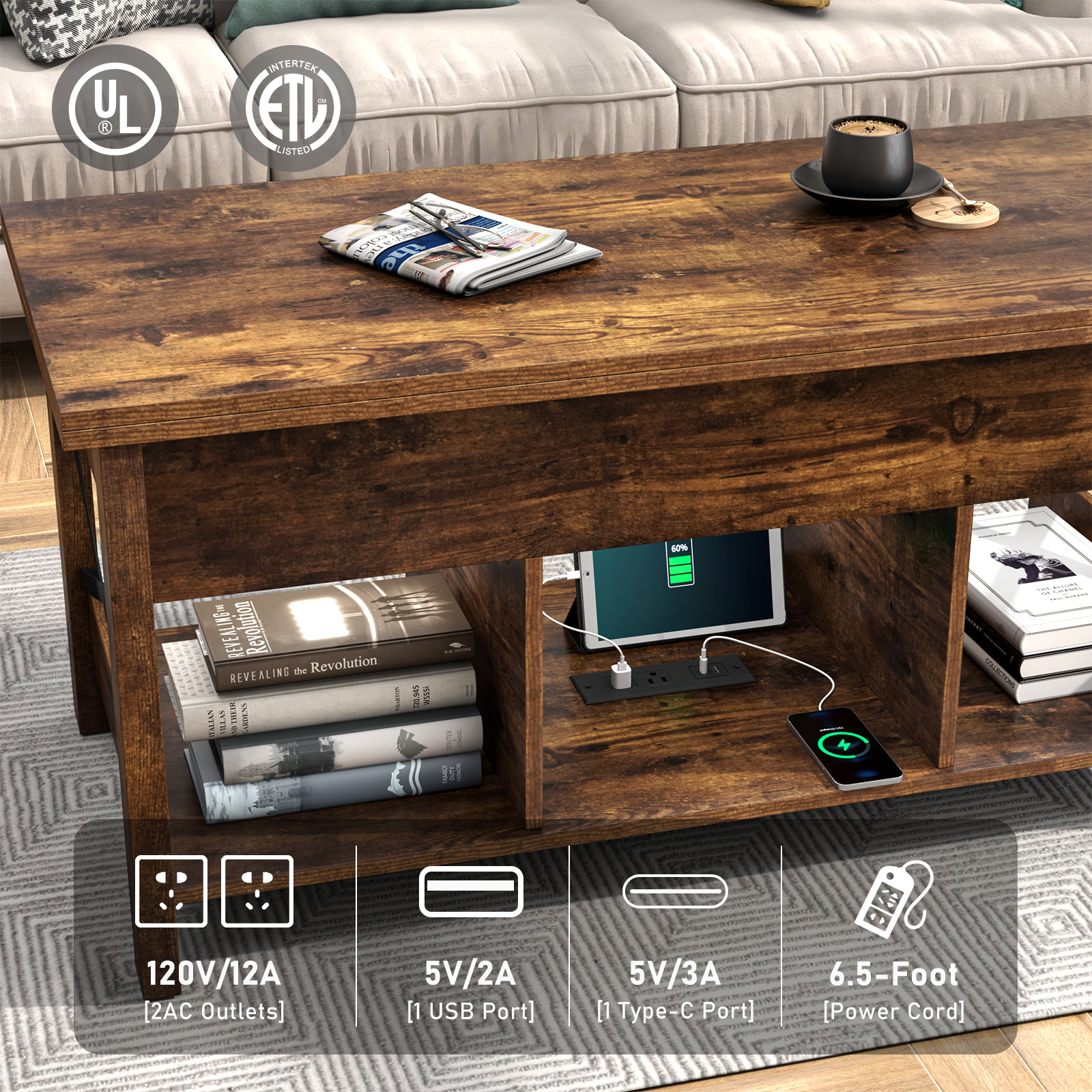 ChVans LED 41.7" Lift Top Coffee Table with Storage/Charging Station, 4-in-1 Multi-Function Large Convertible Living Room Tables, Farmhouse Dining Table with Hidden Compartment, Tan