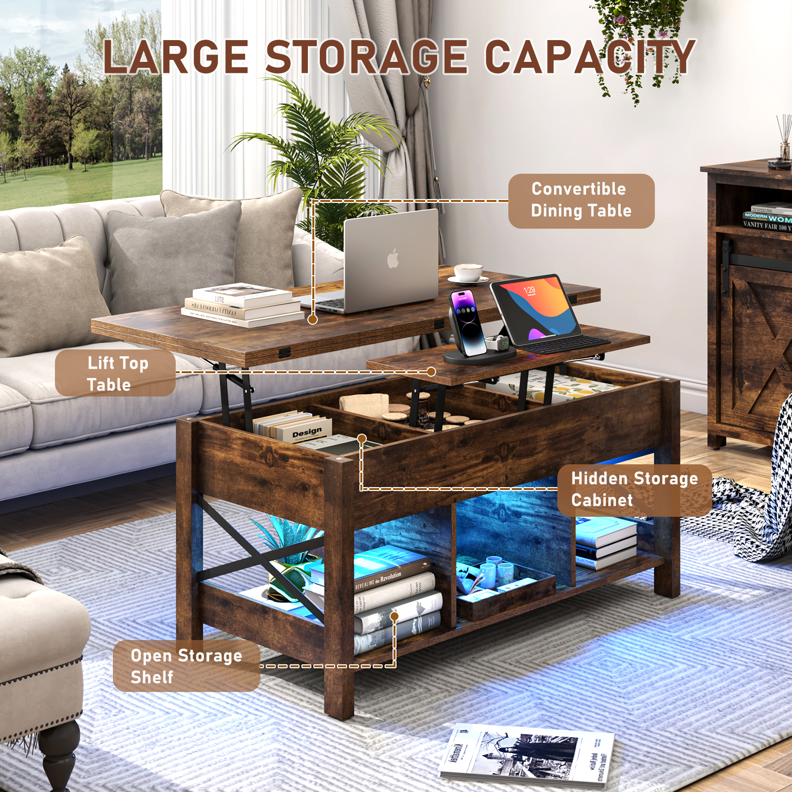 ChVans LED 41.7" Lift Top Coffee Table with Storage/Charging Station, 4-in-1 Multi-Function Large Convertible Living Room Tables, Farmhouse Dining Table with Hidden Compartment, Tan
