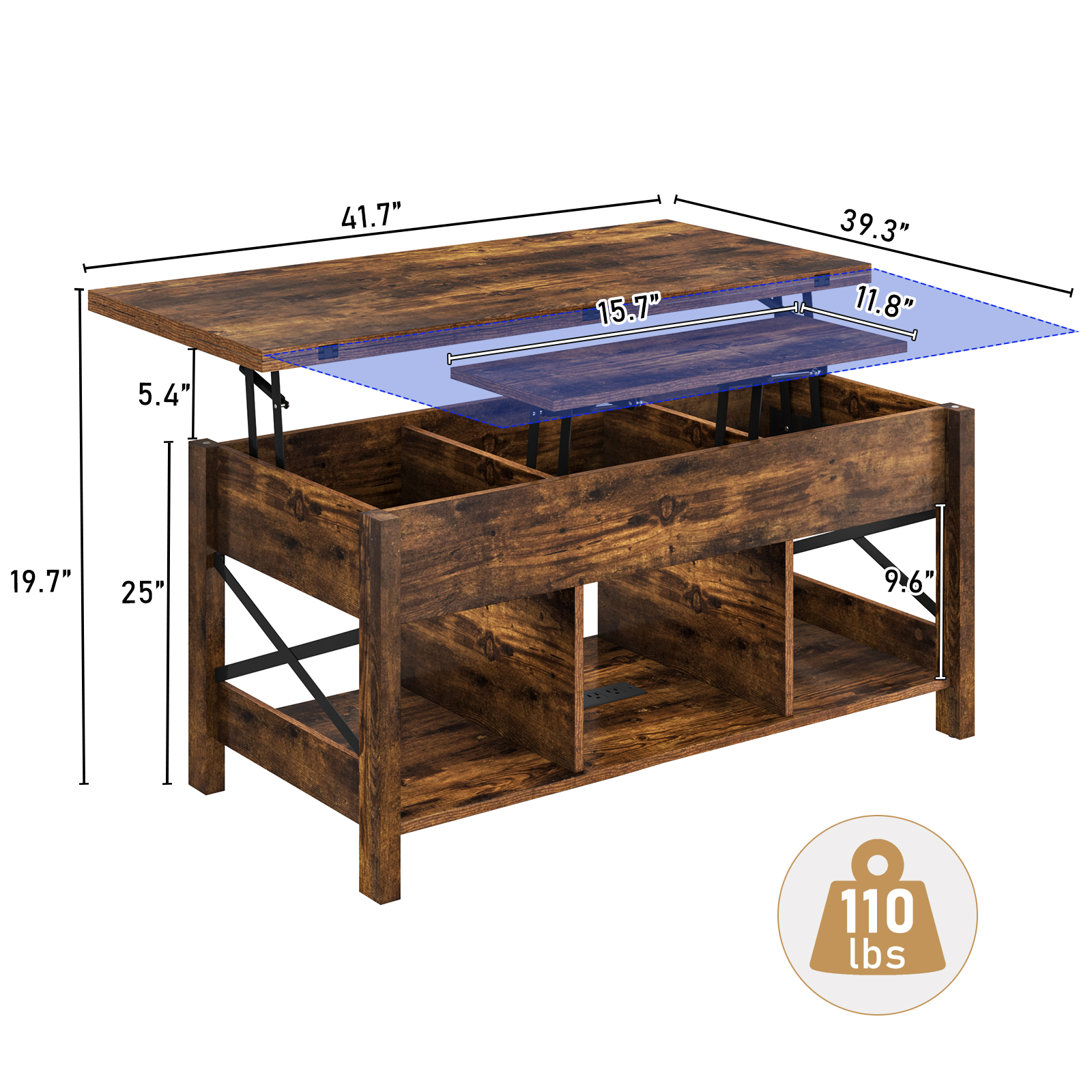 ChVans LED 41.7" Lift Top Coffee Table with Storage/Charging Station, 4-in-1 Multi-Function Large Convertible Living Room Tables, Farmhouse Dining Table with Hidden Compartment, Tan