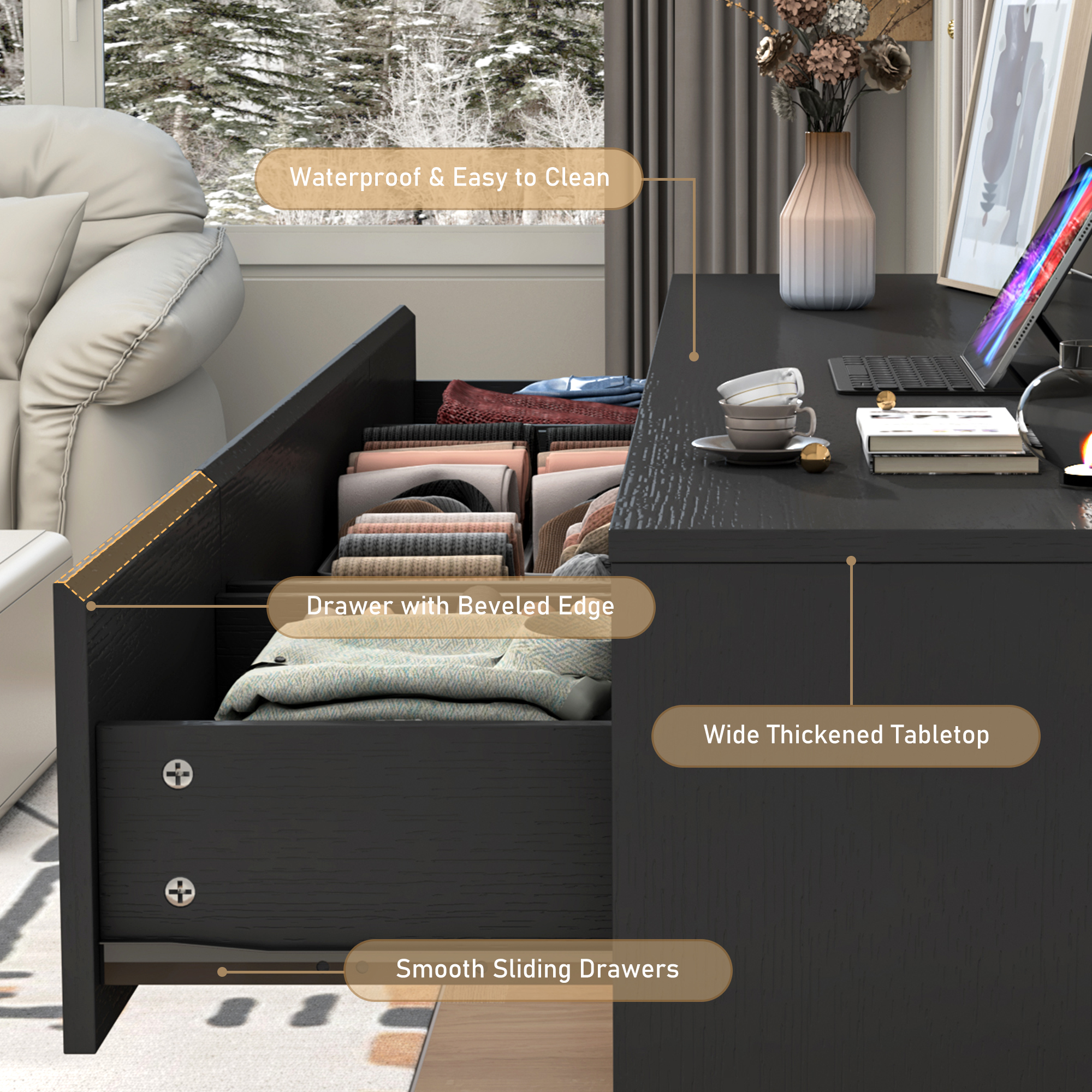 ChVans Black Dresser with Charging Station for Bedroom, 63" Modern Wood 9 Dresser with Wide Drawers, Long Dresser for Bedroom, Living Room, Entryway, Hallway