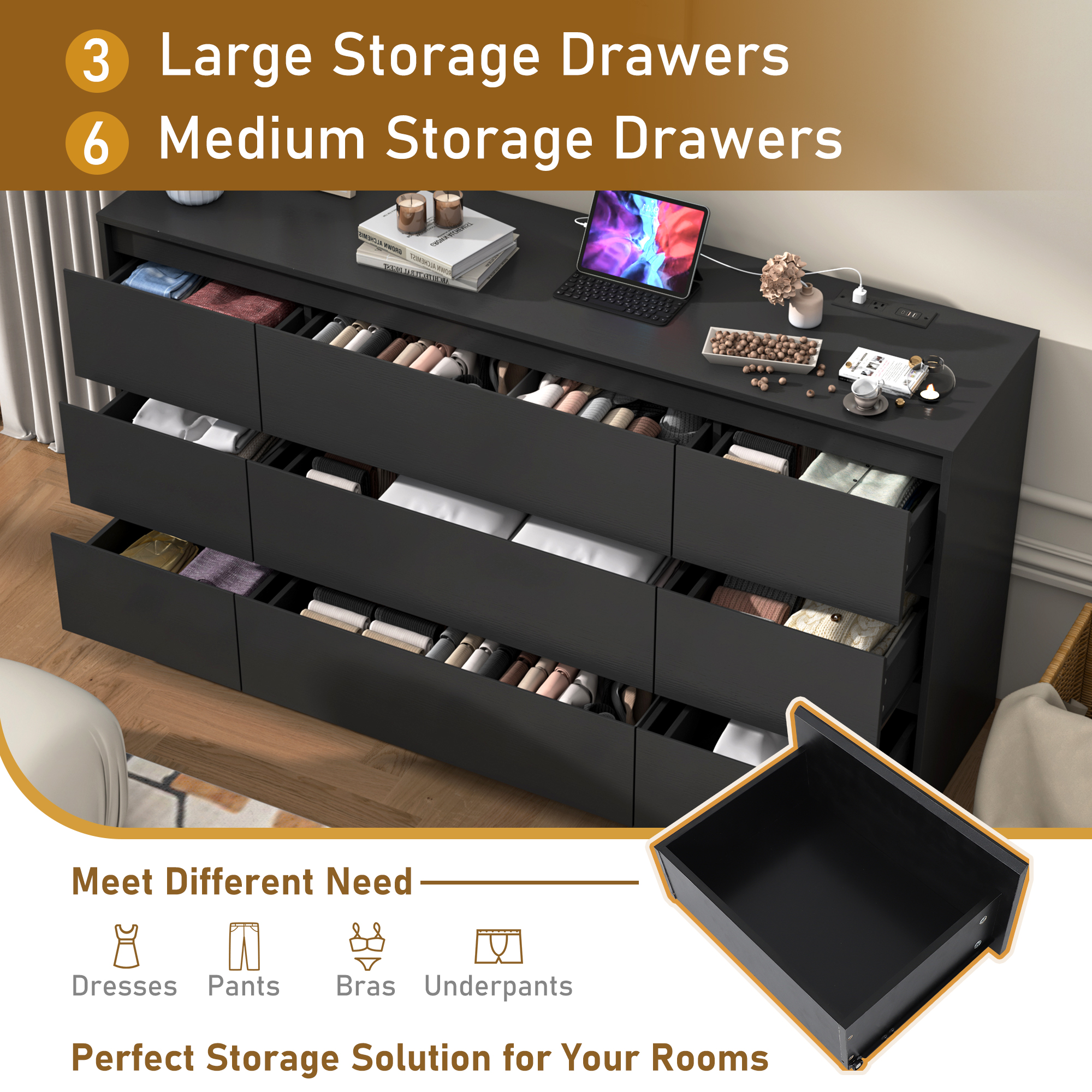 ChVans Black Dresser with Charging Station for Bedroom, 63" Modern Wood 9 Dresser with Wide Drawers, Long Dresser for Bedroom, Living Room, Entryway, Hallway