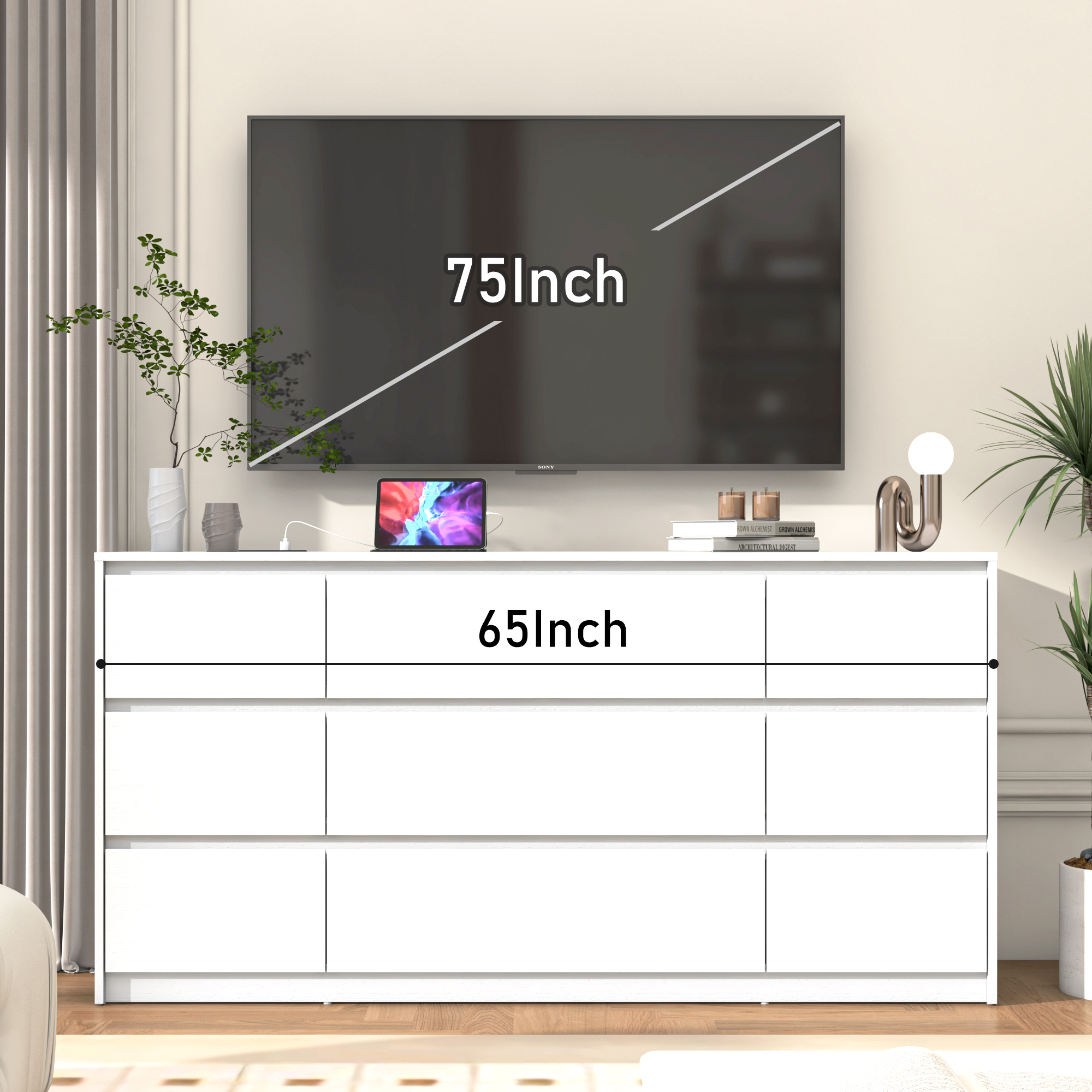 ChVans Black Dresser with Charging Station for Bedroom, 63" Modern Wood 9 Dresser with Wide Drawers, Long Dresser for Bedroom, Living Room, Entryway, Hallway