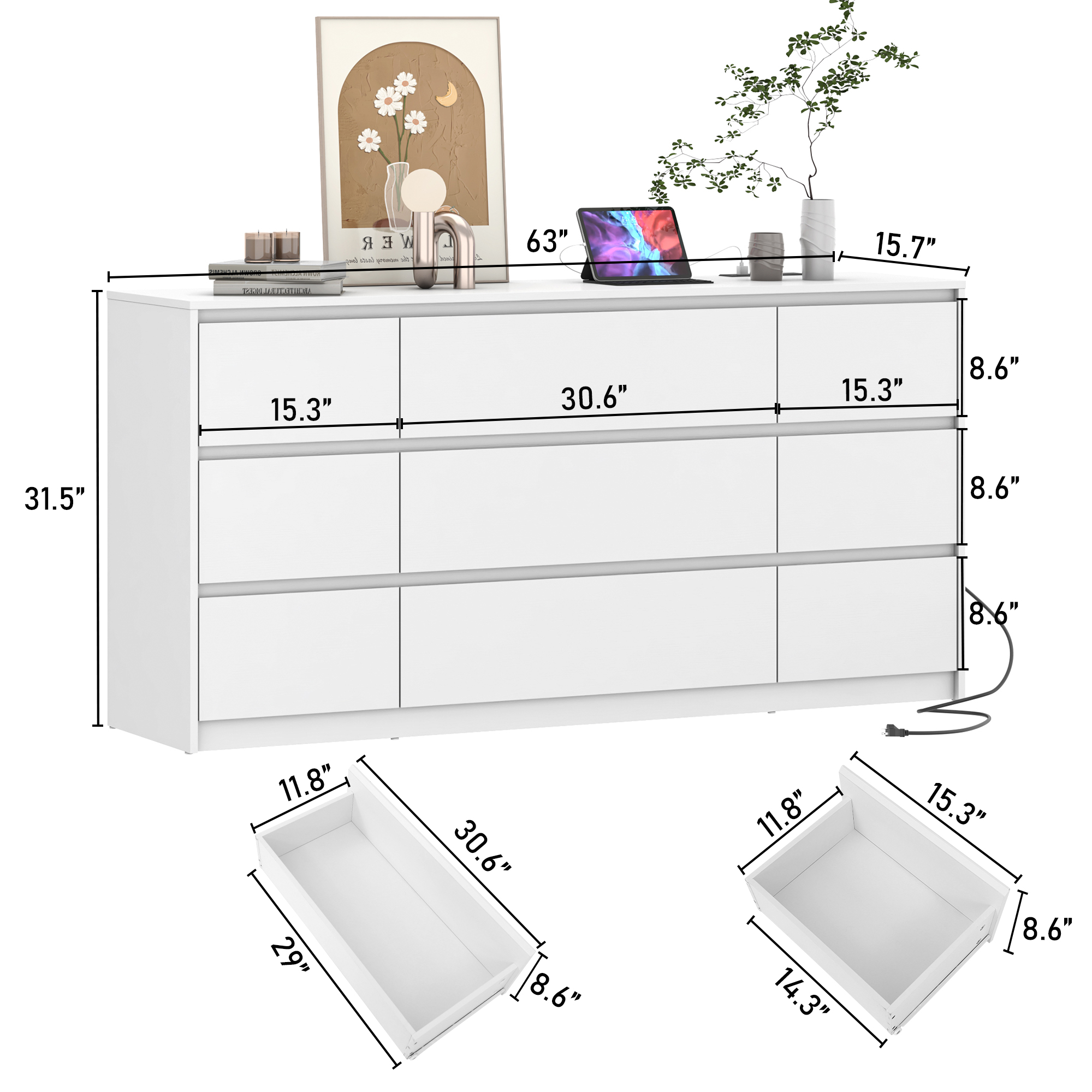 ChVans Black Dresser with Charging Station for Bedroom, 63" Modern Wood 9 Dresser with Wide Drawers, Long Dresser for Bedroom, Living Room, Entryway, Hallway