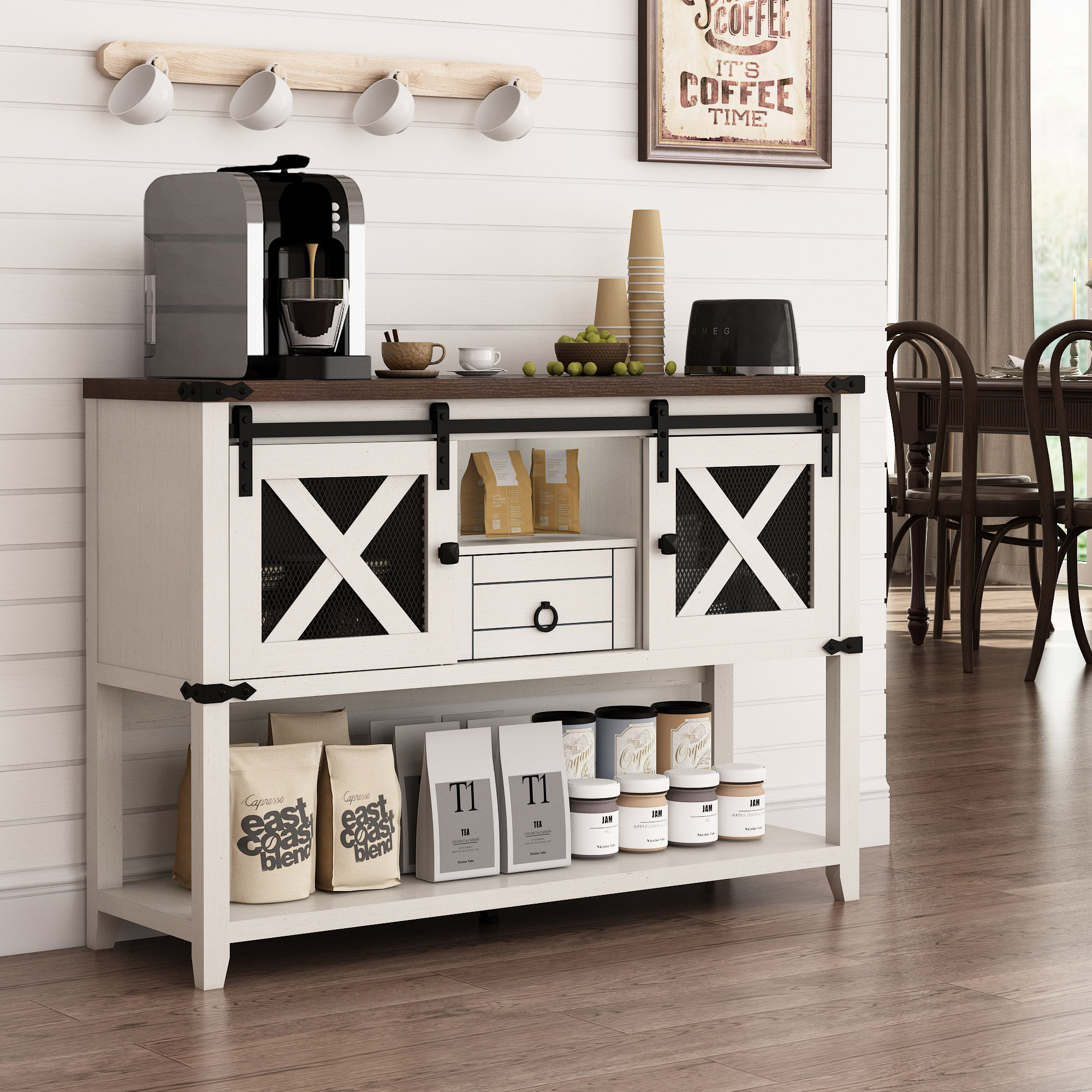 ChVans Farmhouse Coffee Bar Cabinet with Sliding Barn Door, 46'' Coffee Bar Buffet