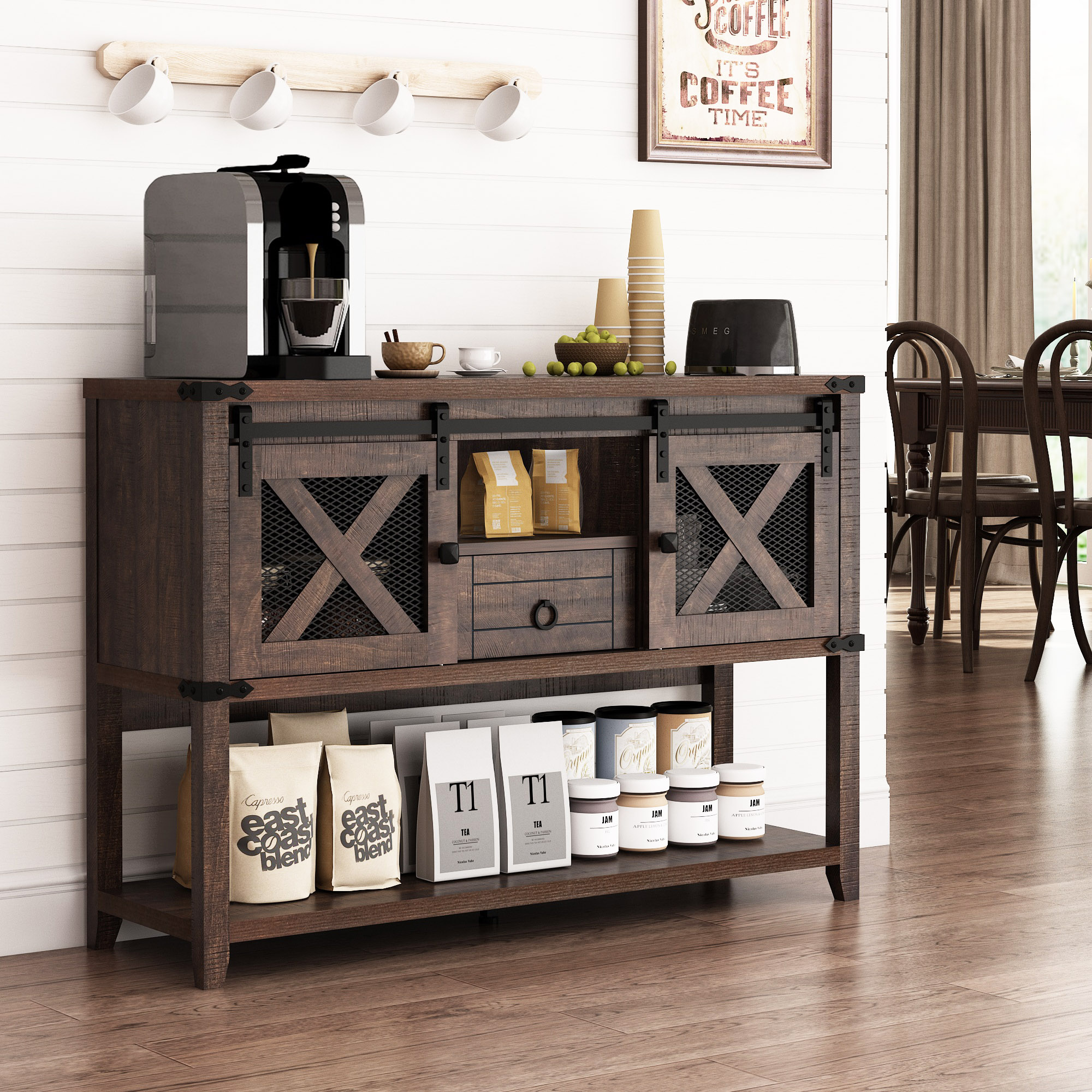 ChVans Farmhouse Coffee Bar Cabinet with Sliding Barn Door, 46'' Coffee Bar Buffet