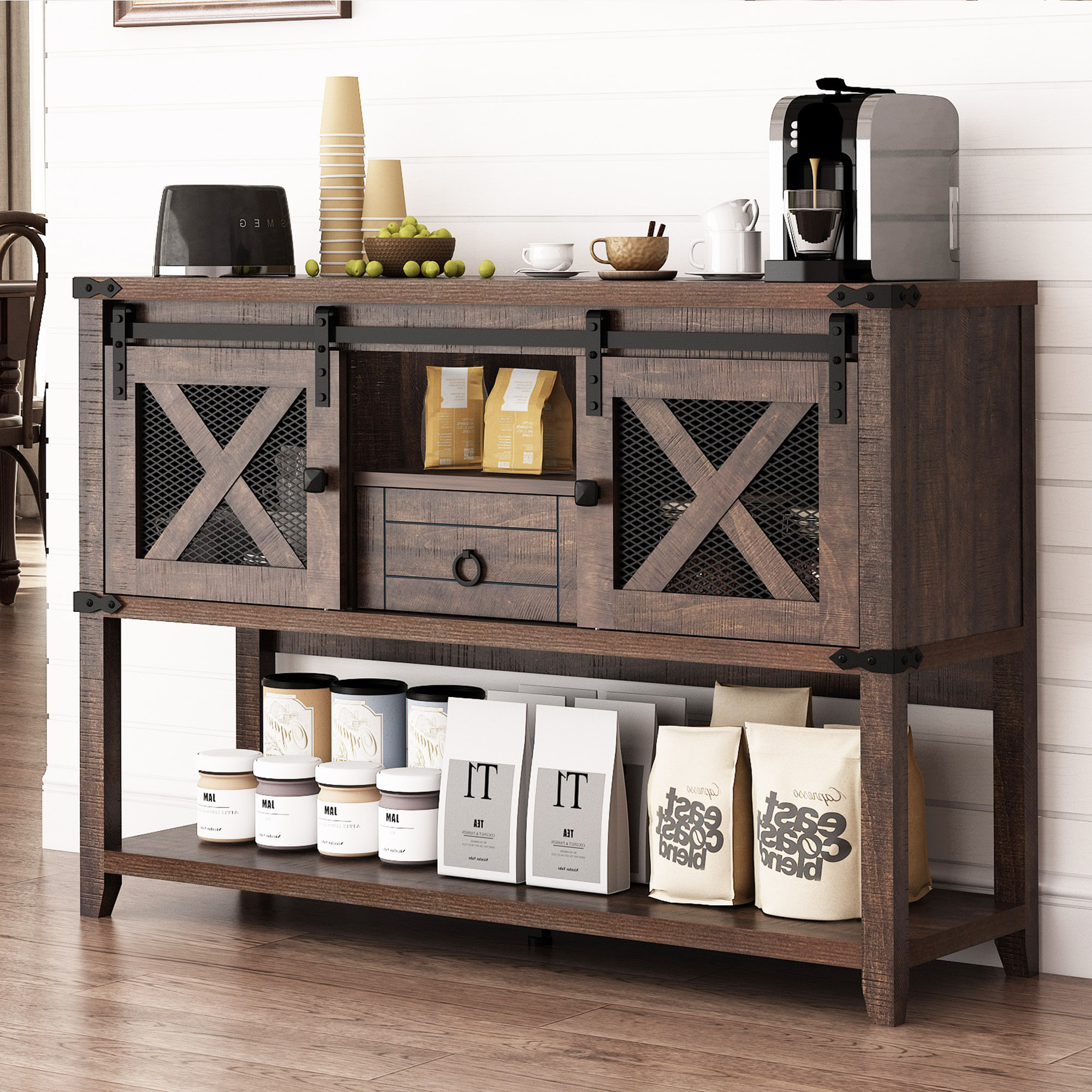 ChVans Farmhouse Coffee Bar Cabinet with Sliding Barn Door, 46'' Coffee Bar Buffet
