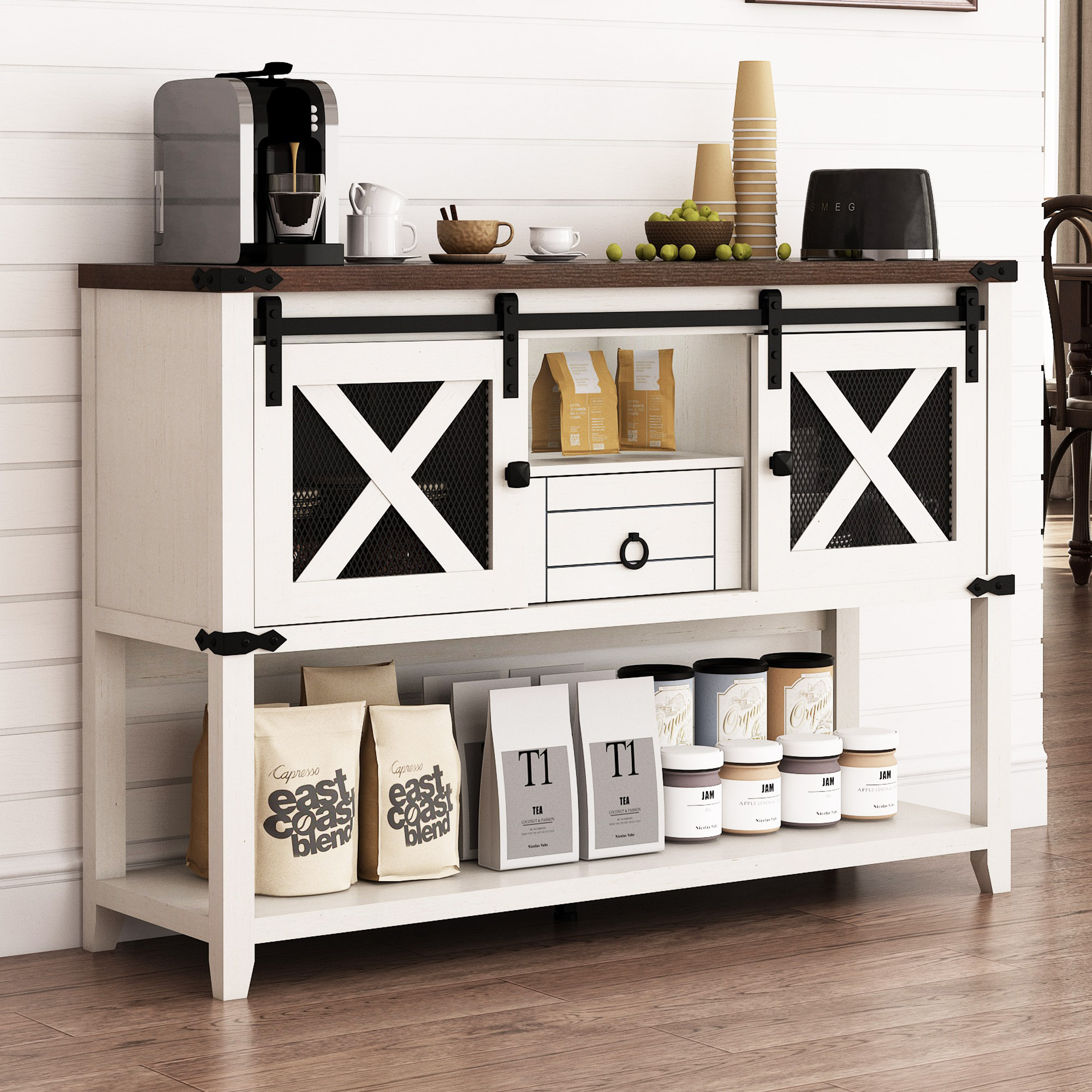 ChVans Farmhouse Coffee Bar Cabinet with Sliding Barn Door, 46'' Coffee Bar Buffet