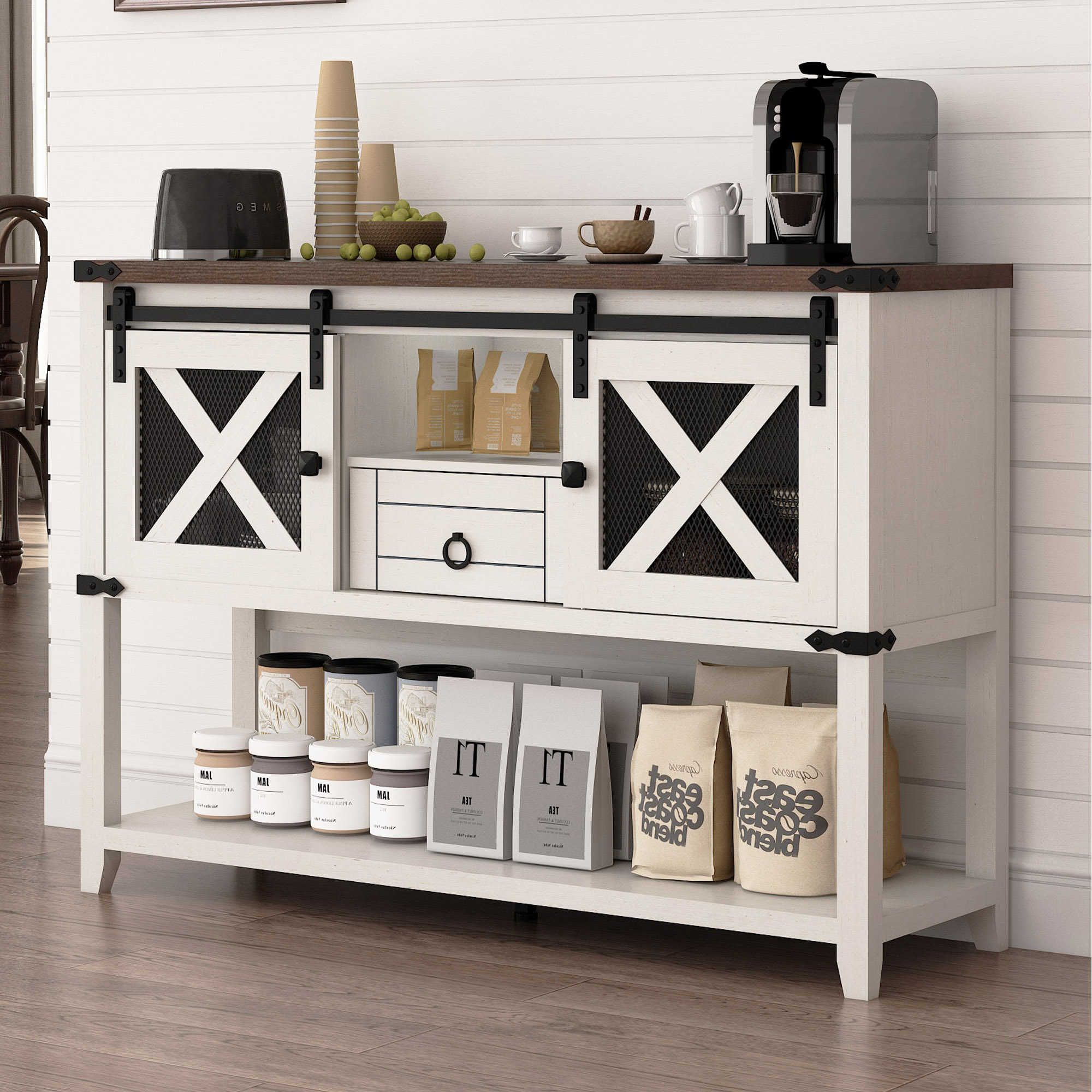 ChVans Farmhouse Coffee Bar Cabinet with Sliding Barn Door, 46'' Coffee Bar Buffet