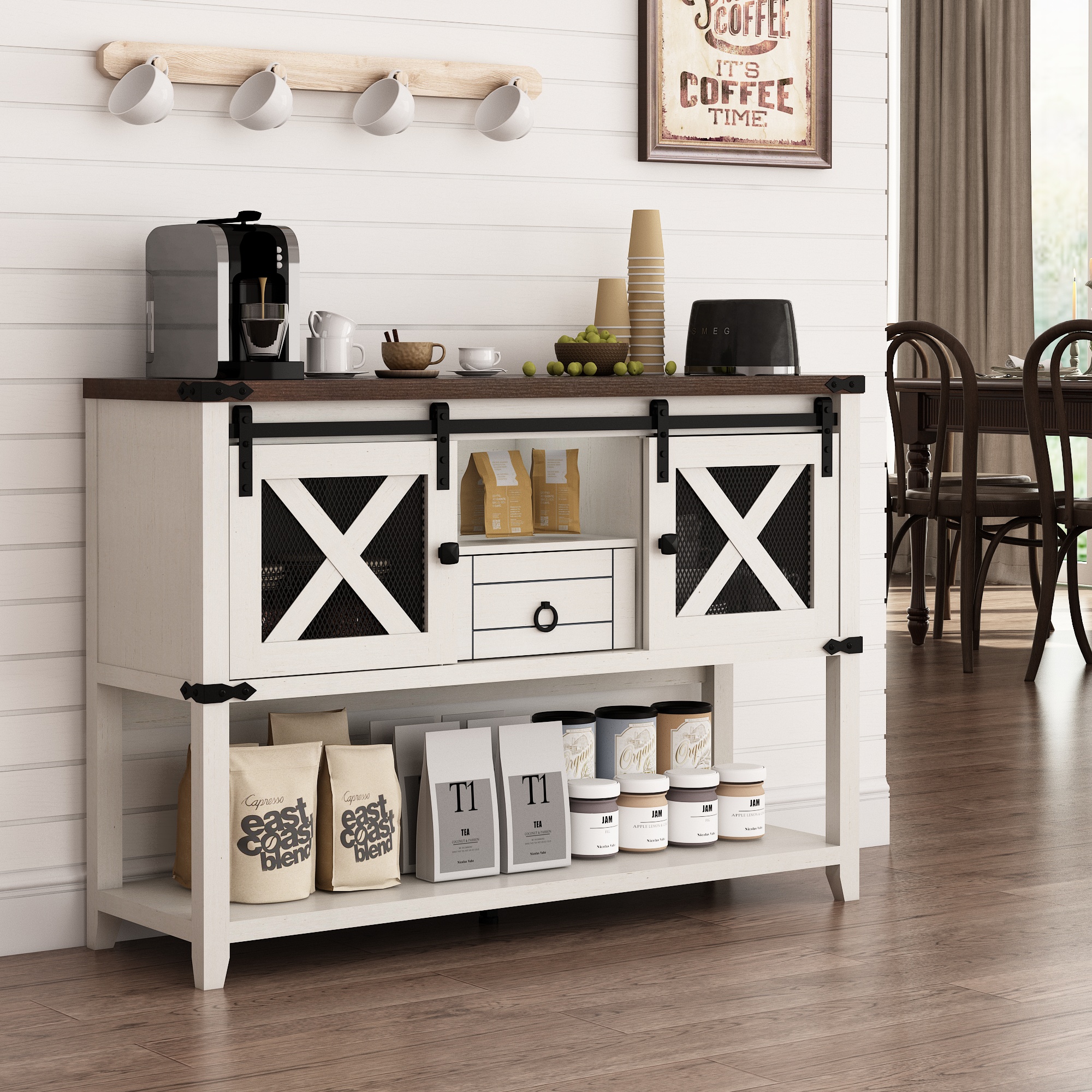 ChVans Farmhouse Coffee Bar Cabinet with Sliding Barn Door, 46'' Coffee Bar Buffet