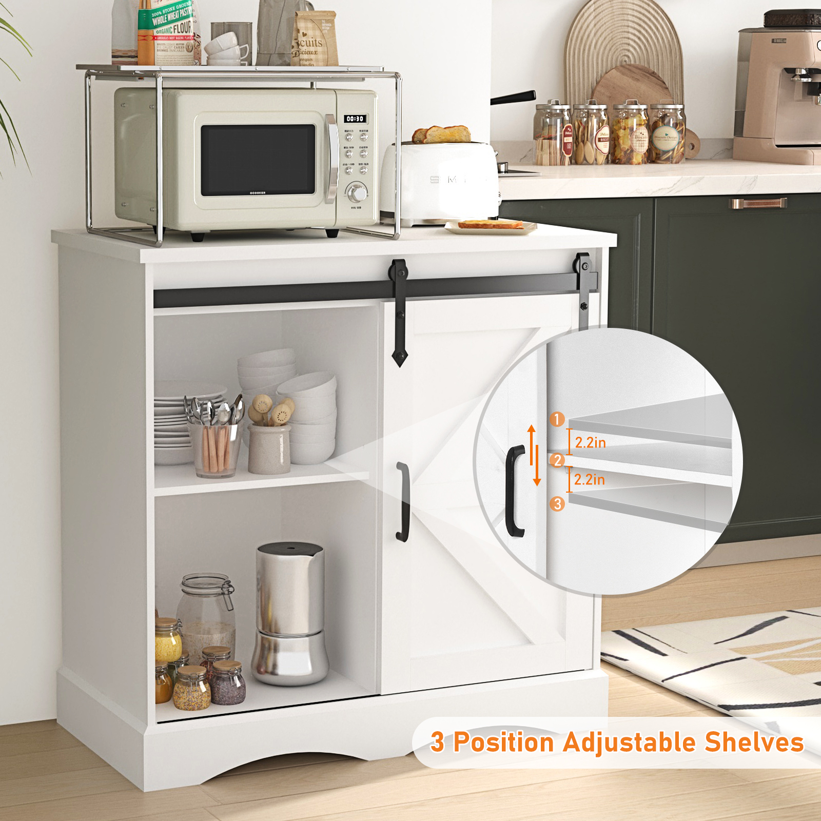 ChVans 32" Farmhouse Coffee Bar Cabinet with Storage, Aquarium Stand Fish Tank Table, Grey Accent Cabinets for Living Room, Entryway, White