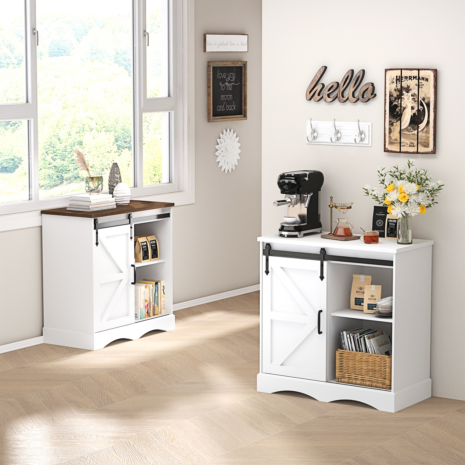 ChVans 32" Farmhouse Coffee Bar Cabinet with Storage, Aquarium Stand Fish Tank Table, Grey Accent Cabinets for Living Room, Entryway, White