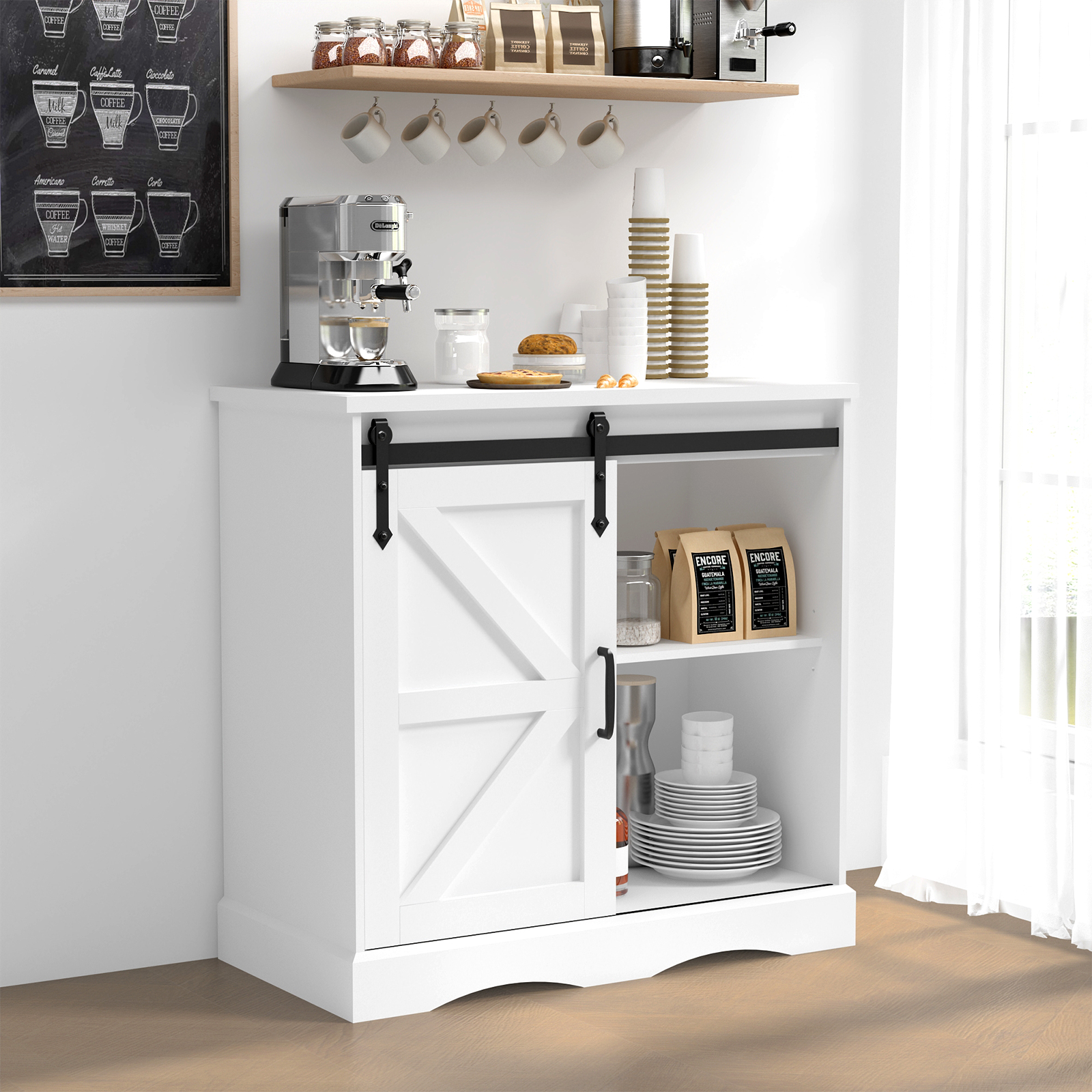 ChVans 32" Farmhouse Coffee Bar Cabinet with Storage, Aquarium Stand Fish Tank Table, Grey Accent Cabinets for Living Room, Entryway, White