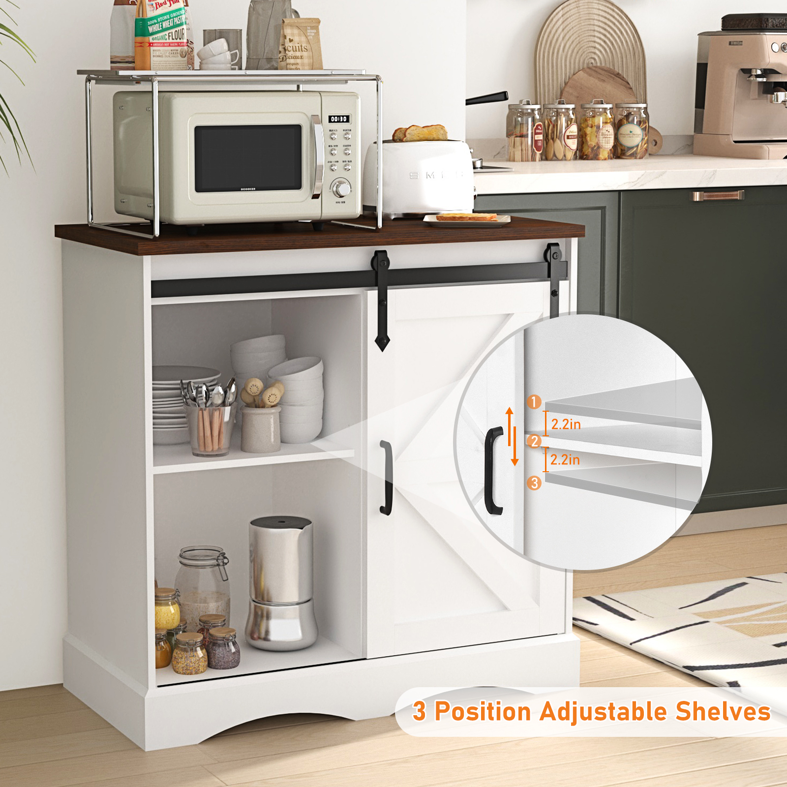 ChVans 32" Farmhouse Coffee Bar Cabinet with Storage, Aquarium Stand Fish Tank Table, Grey Accent Cabinets for Living Room, Entryway, White