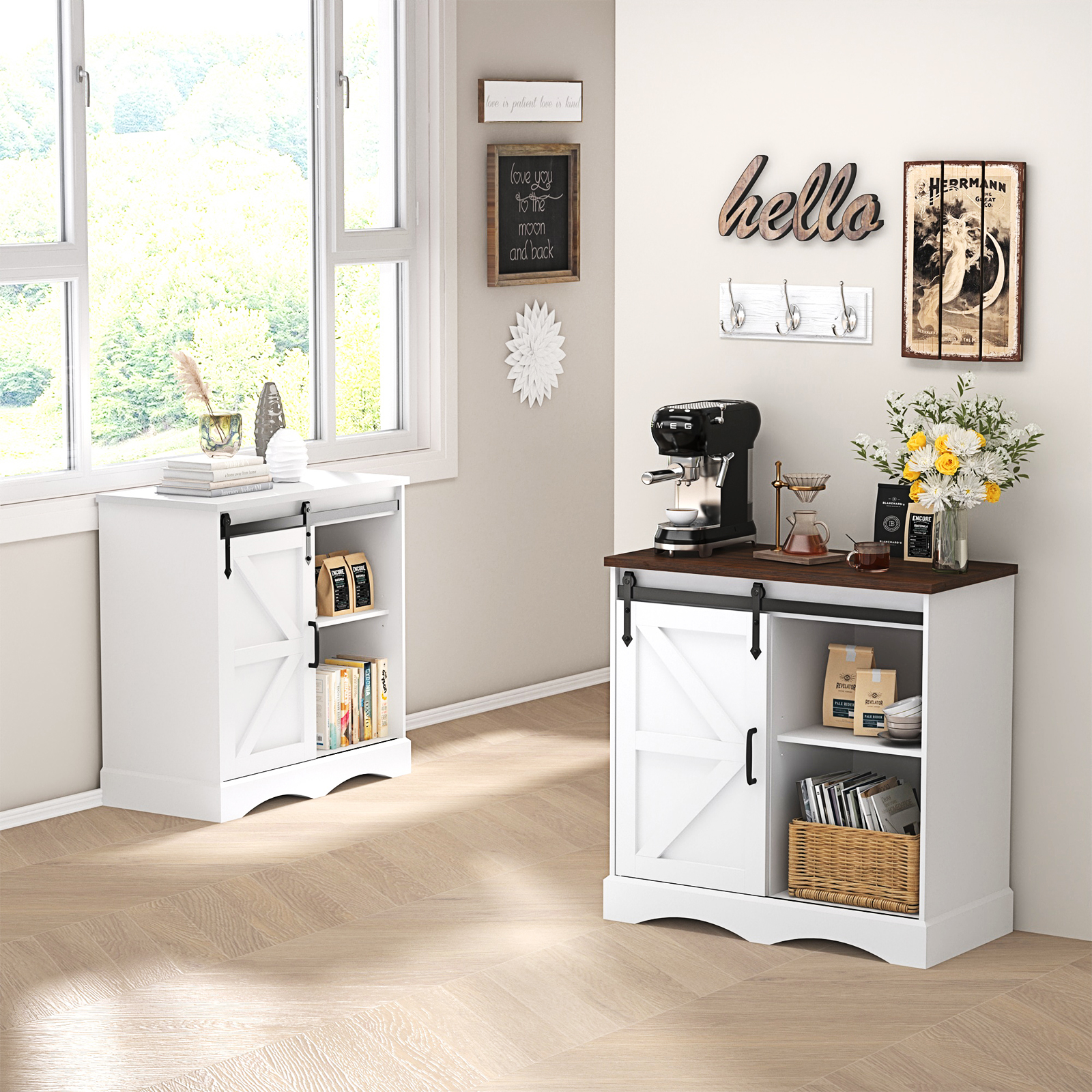 ChVans 32" Farmhouse Coffee Bar Cabinet with Storage, Aquarium Stand Fish Tank Table, Grey Accent Cabinets for Living Room, Entryway, White