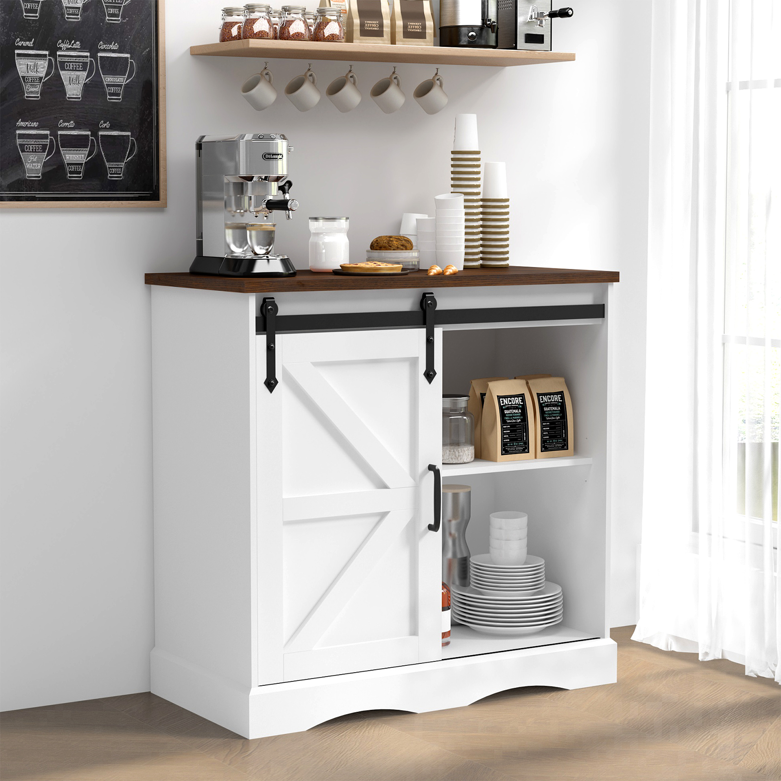 ChVans 32" Farmhouse Coffee Bar Cabinet with Storage, Aquarium Stand Fish Tank Table, Grey Accent Cabinets for Living Room, Entryway, White